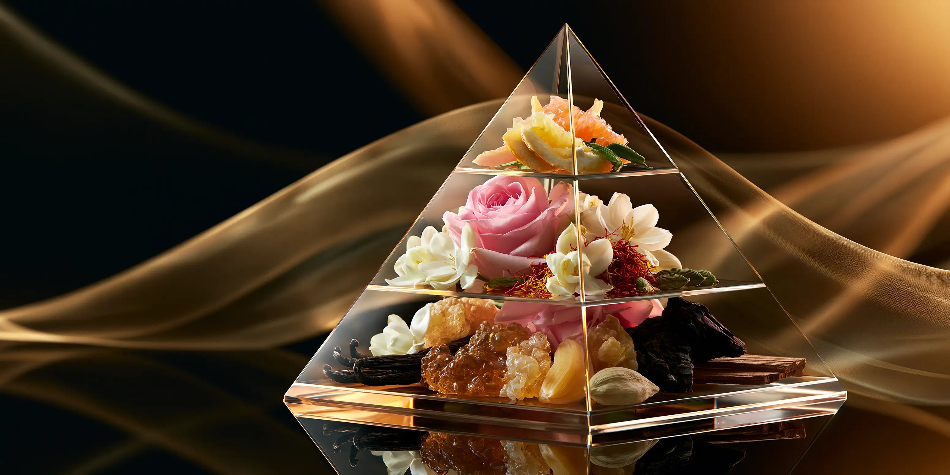 Dreistufige Duftpyramide mit Zitrusnoten, Rose, Jasmin, Safran, Vanille, Amber und Holznoten als Hero-Bild für einen Parfüm-Ratgeber zu Kopfnote, Herznote und Basisnote.