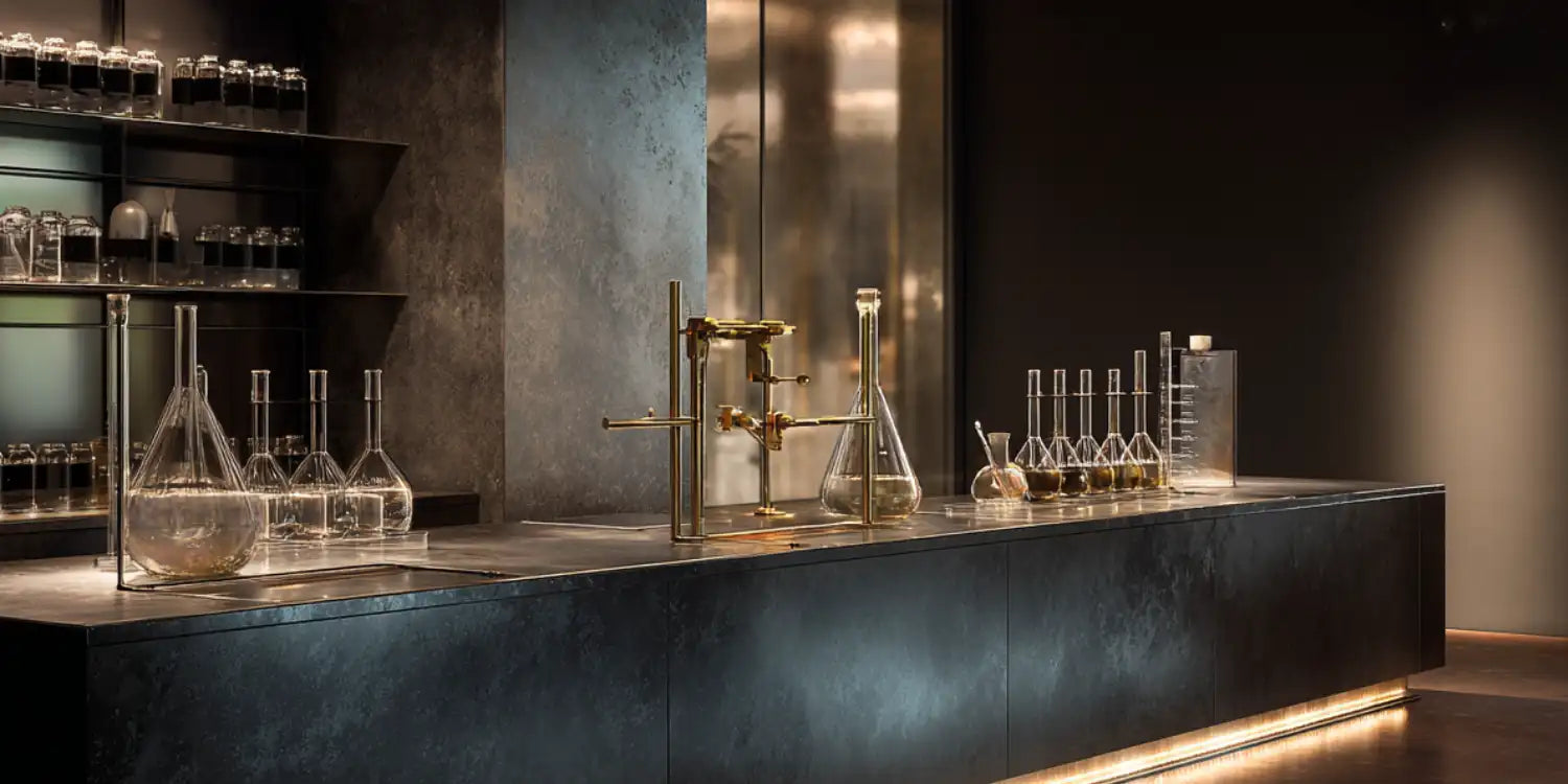 Dunkles Parfümlabor mit Tresen und Glasbehältern