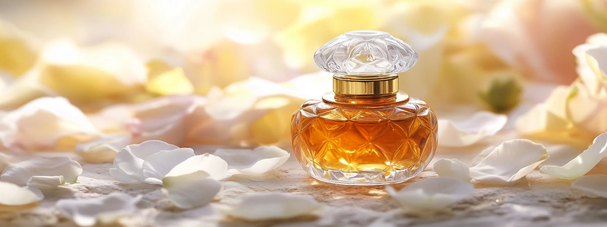 Ajmal Parfüm Flakon mit facettiertem Kristallglas und goldenem Verschluss umgeben von weißen Blütenblättern im warmen Sonnenlicht, orientalische Duftkollektion Oriental-Style