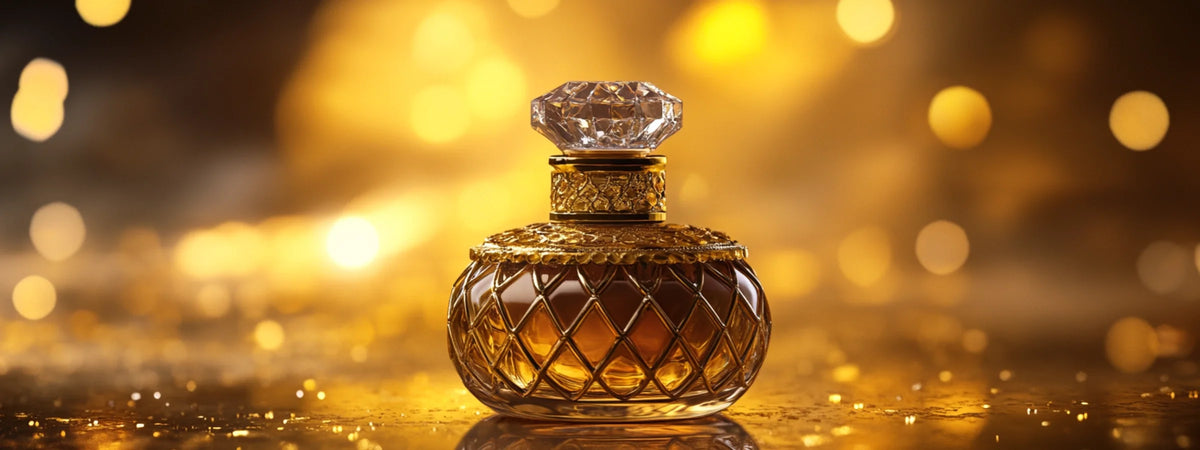 Al Haramain Parfüm Flakon mit goldenem Rautenmuster und Kristallverschluss vor warmem goldschimmerndem Hintergrund, orientalische Duftkollektion Oriental-Style