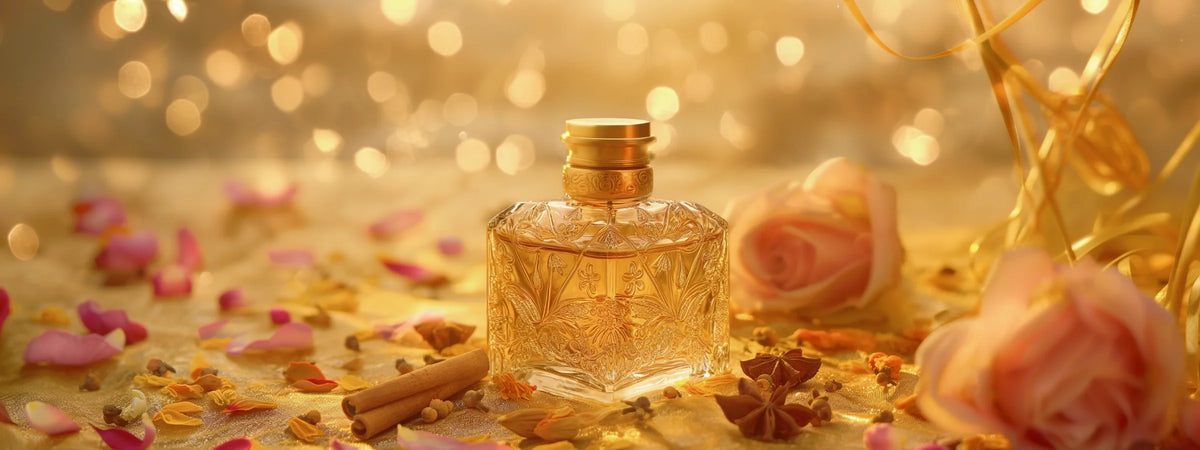 Goldene Parfümflasche mit Rosenblüten, Zimtstangen und Sternanis im warmen Lichterglanz – Al Rehab Parfüme