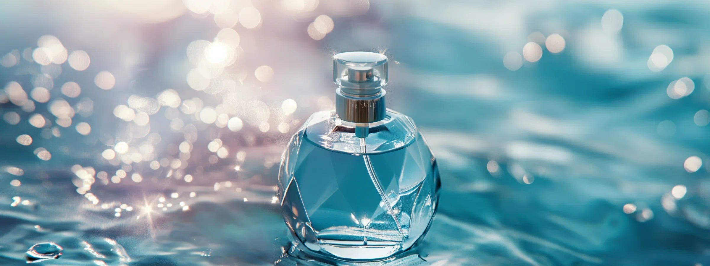 Parfümflakon mit Wassermuster vor türkiser Meereswelle und Schaum – Aqua Parfüme