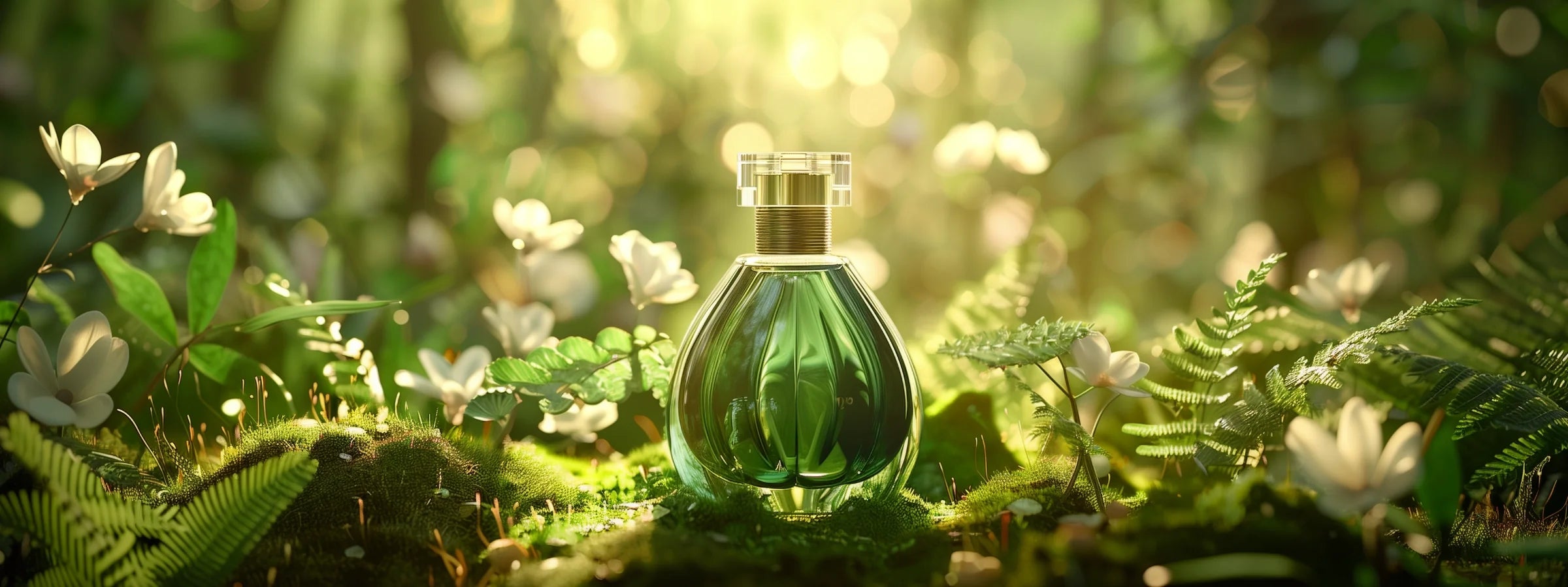 Grüner Parfümflakon zwischen Moos, Farn und weißen Waldblüten im Sonnenlicht – Fougère Parfüme