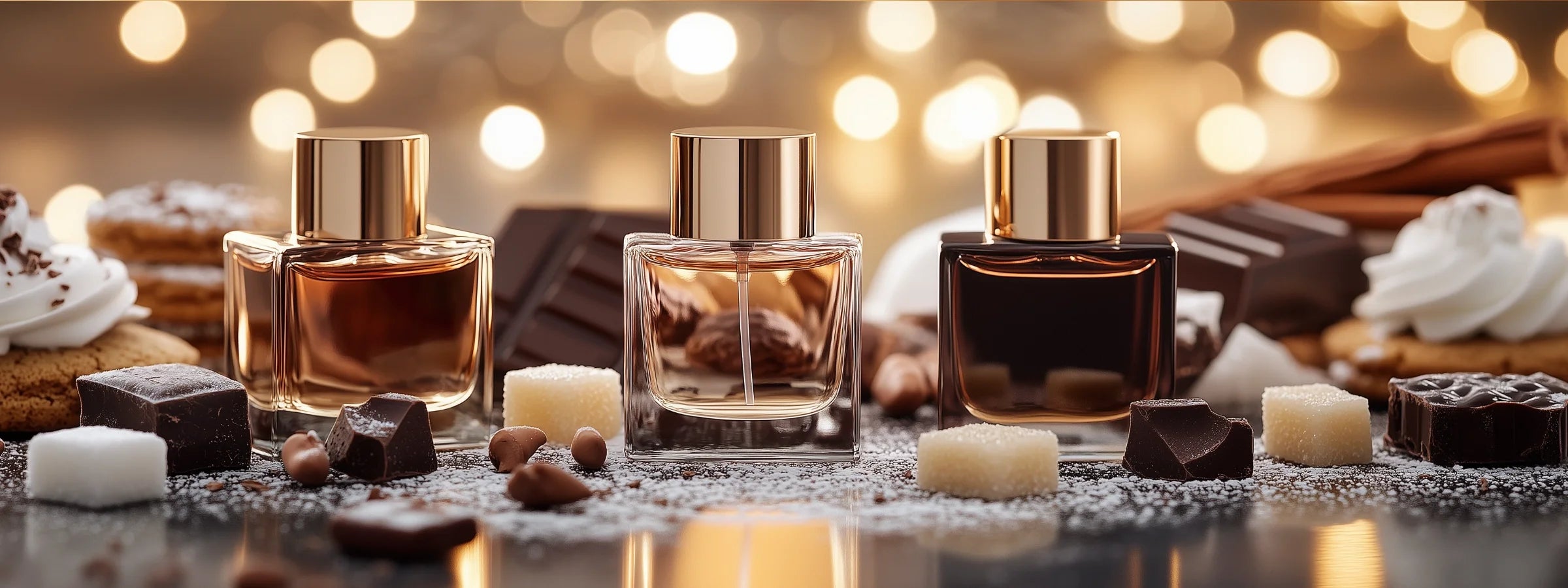 Elegante Parfümflakons zwischen Schokolade, Zuckerwürfeln und Gebäck im warmen Lichterglanz – Gourmand-Parfüme