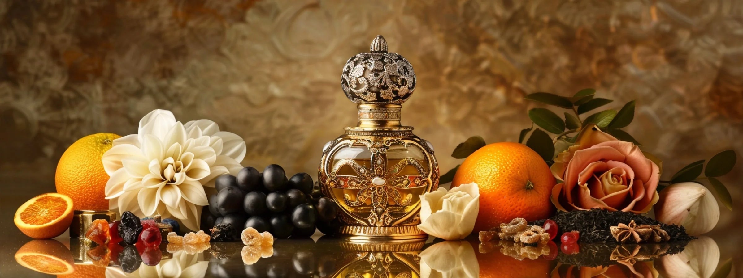 Lattafa Parfüm Hero-Bild mit orientalischem Flakon, Orange, Blüten, Rose, dunklen Früchten, Harzen, Oud, Amber und arabischer Duftkunst – Oriental-Style.