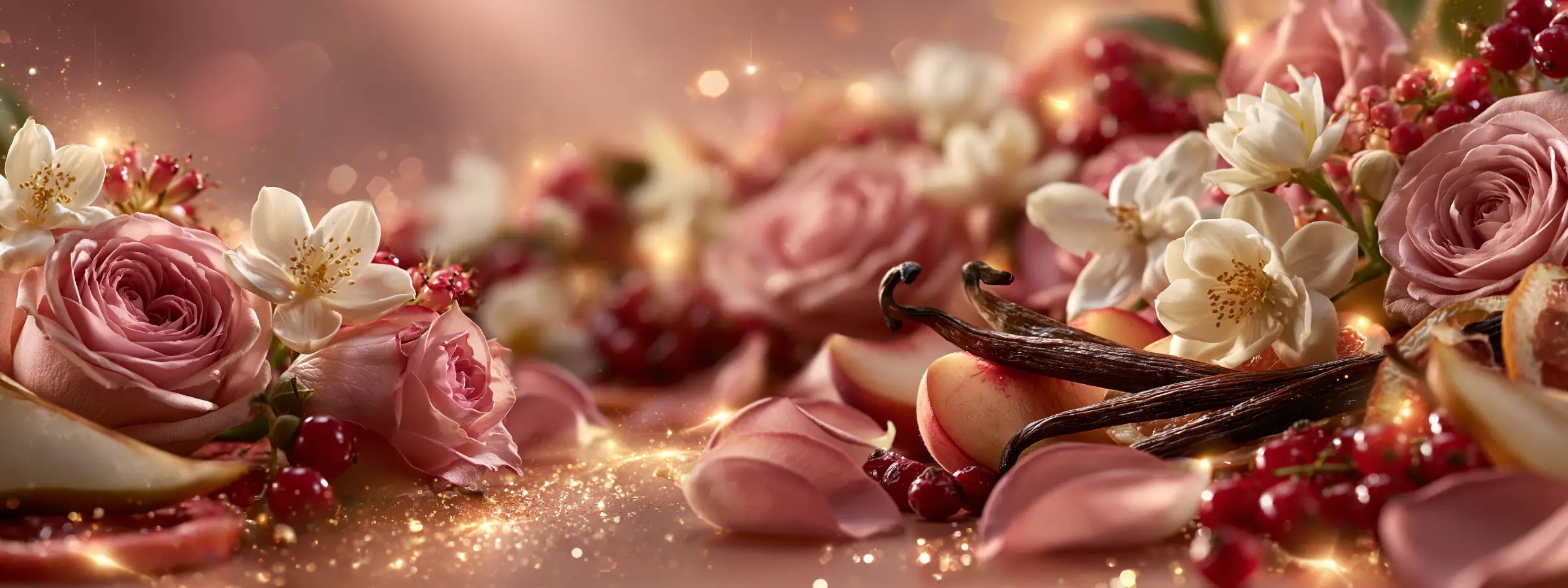 Feminines Lattafa Damen Parfüm Hero-Bild mit Rosen, weißen Blüten, roten Beeren, Pfirsich, Vanille und warmem Amber-Gold-Licht – Oriental-Style