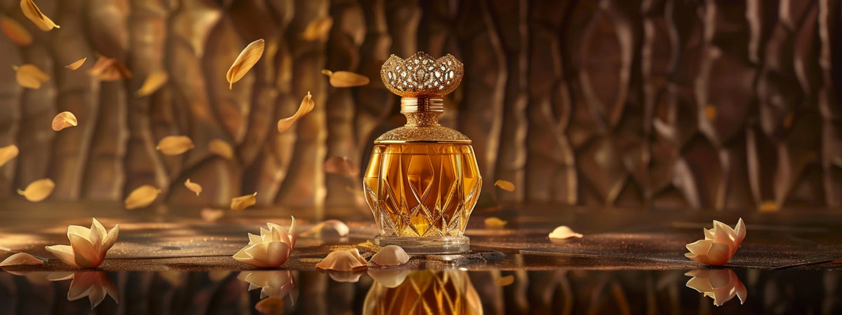 Goldverzierte Kristallflasche mit fallenden Blütenblättern vor orientalischem Holzmuster – Swiss Arabian Parfüme