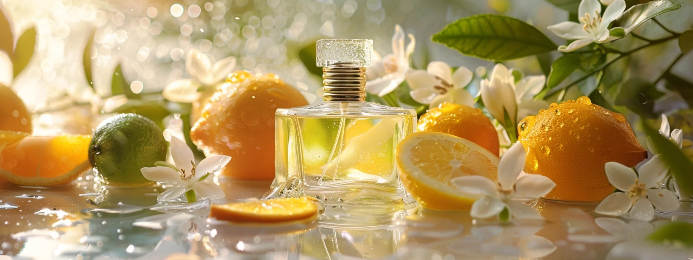 Parfümflakon zwischen Zitronen, Limetten und Orangenblüten im Sonnenlicht – Zitrusparfüme
