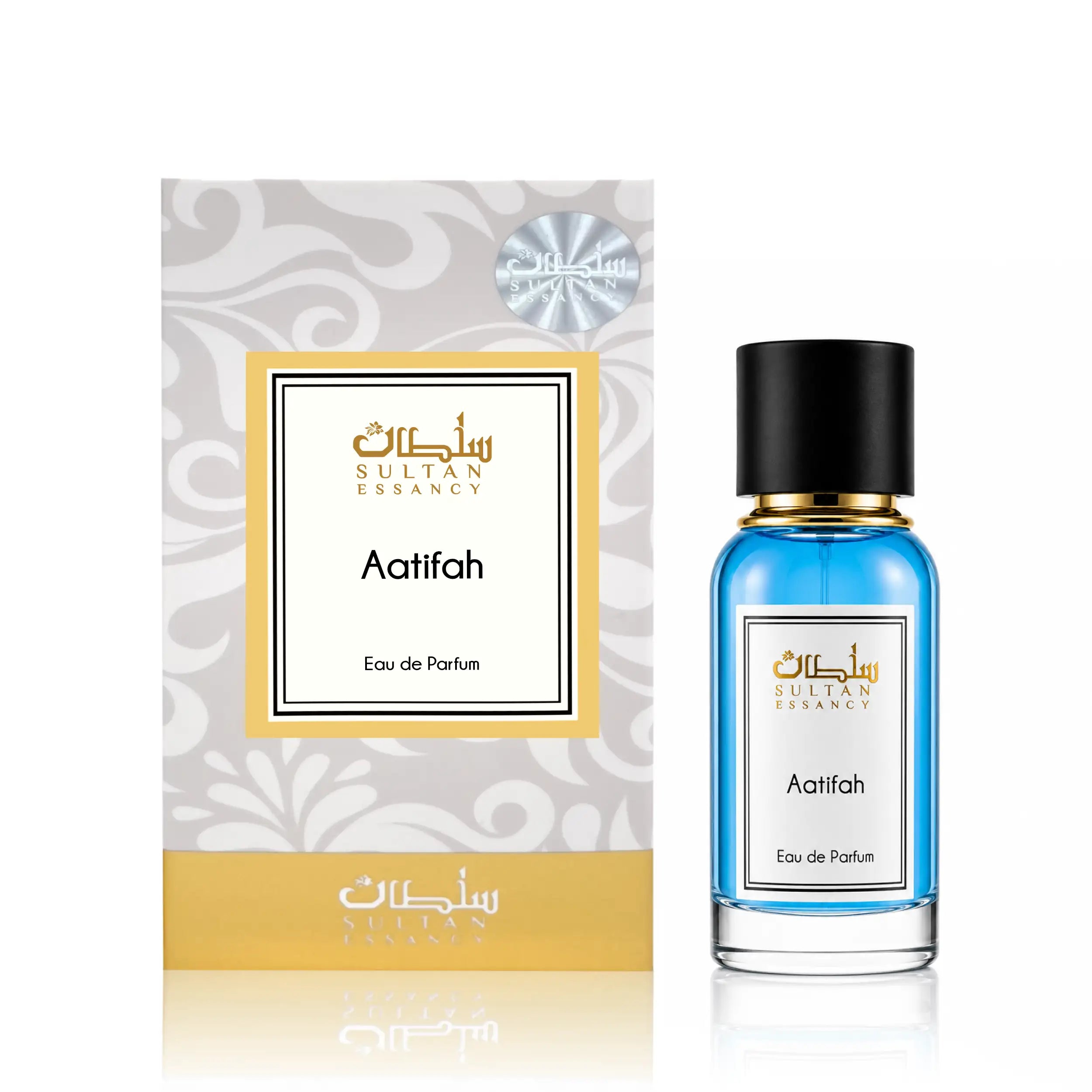 Aatifah Sultan Essancy Eau de Parfum für Damen mit blauem Glasflakon und Verpackung, fruchtig-frischer Duft mit grünem Apfel, floralen Noten und sauberem Moschus