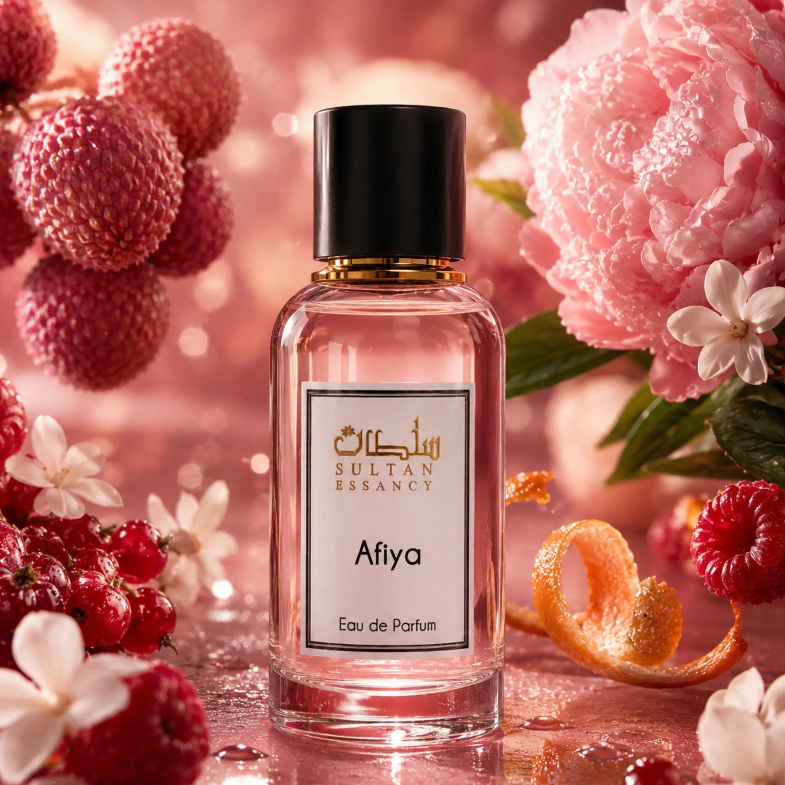 Afiya Eau de Parfum von Sultan Essancy mit Litschi, roten Beeren, Pfingstrose und Zitrusschale – fruchtig-blumiger Duftzwilling mit eleganter, süßer Duftwirkung