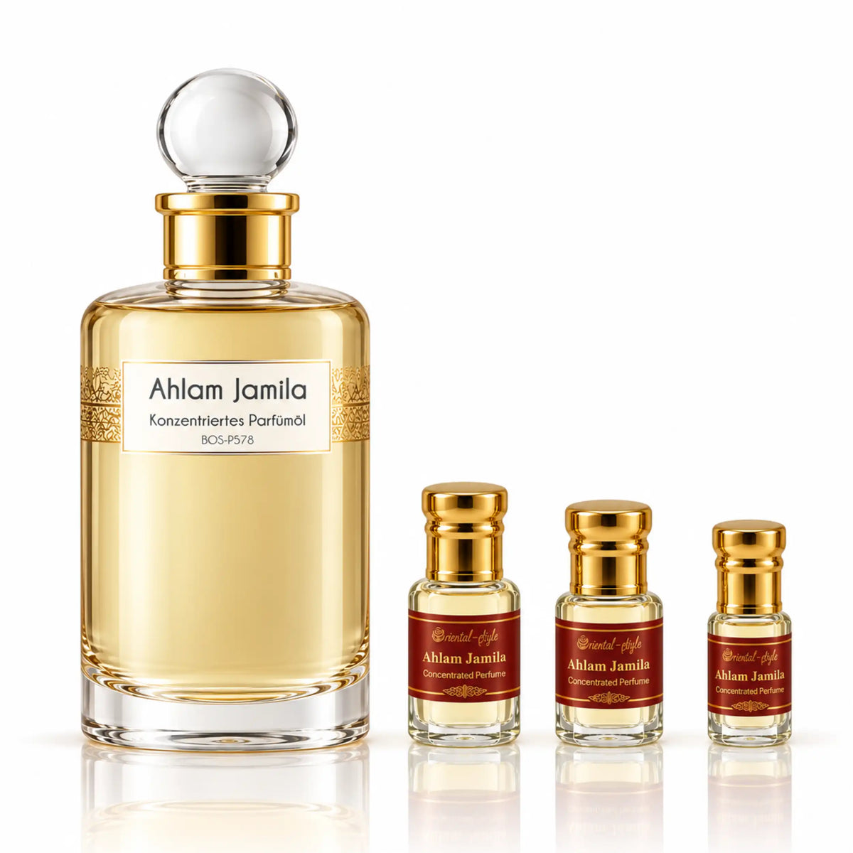 Ahlam Jamila konzentriertes Parfümöl für Damen mit großem Glasflakon und kleineren Duftöl-Flakons – fruchtig-floraler Duft mit Litschi, Rose und Kakao