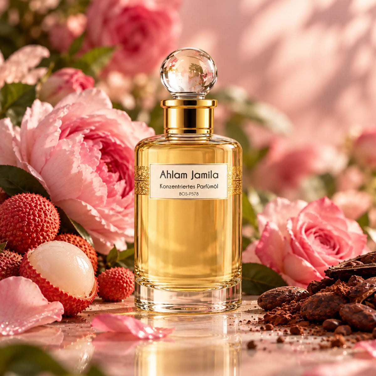 Ahlam Jamila Parfümöl in einer femininen Duftszene mit Litschi, rosa Pfingstrose, Rose und Kakao – fruchtig-floral mit warmer pudriger Tiefe