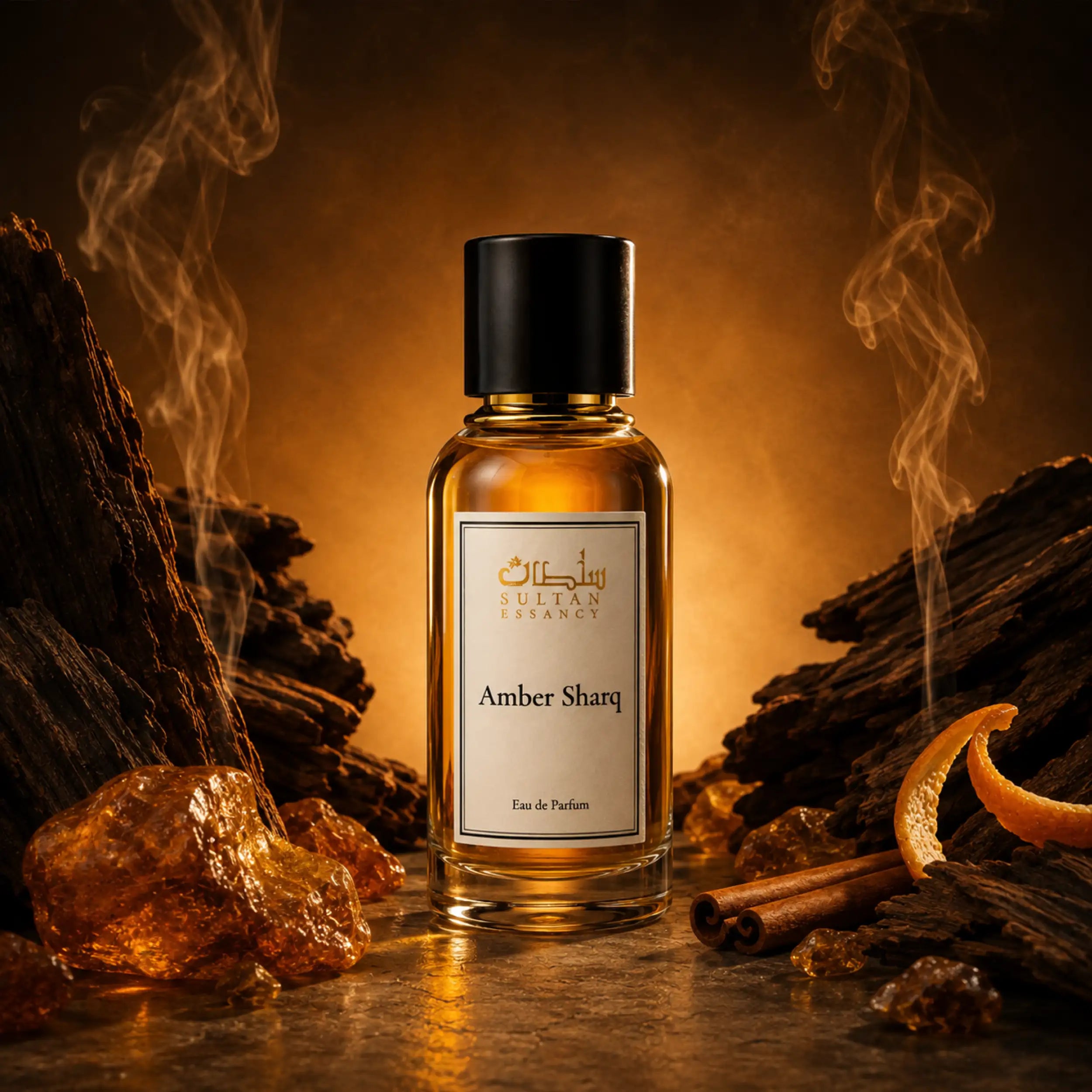 Amber Sharq Eau de Parfum von Sultan Essancy im Glasflakon, umgeben von Oudholz, Amber, Zimt und Mandarinenschale in warmer orientalischer Duftinszenierung.