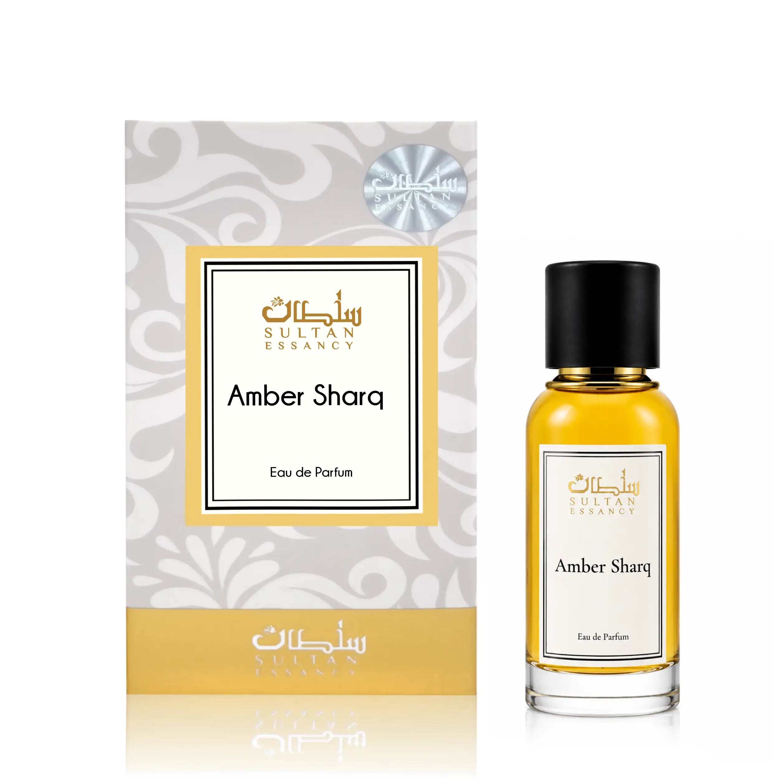 Amber Sharq Eau de Parfum von Sultan Essancy mit Verpackung und Flakon, orientalischer Amber-Oud-Duft mit Weihrauch und warmen Holznoten.