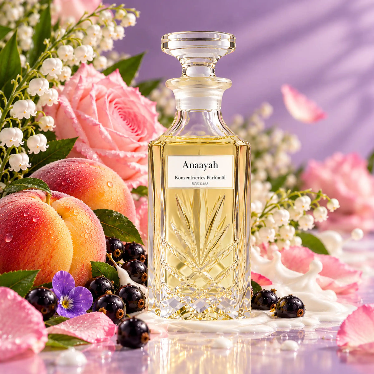 Anaayah von Sultan Essancy – Parfümöl für Damen mit Pfirsichen, rosa Rosen, schwarzen Johannisbeeren, Maiglöckchen und cremiger Milch in einer rosé-lilafarbenen Duftszene