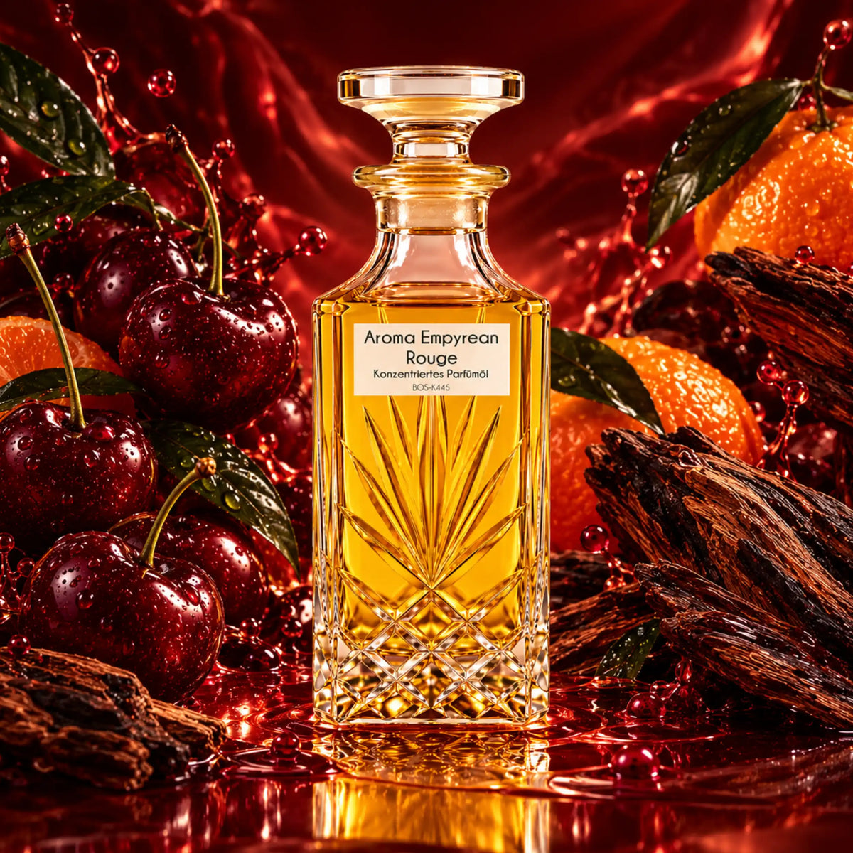 Aroma Empyrean Rouge von Sultan Essancy – konzentriertes Herren-Parfümöl im Kristallglasflakon, inszeniert mit dunklen Kirschen, Mandarine und dunklem Holz auf tiefrotem Hintergrund
