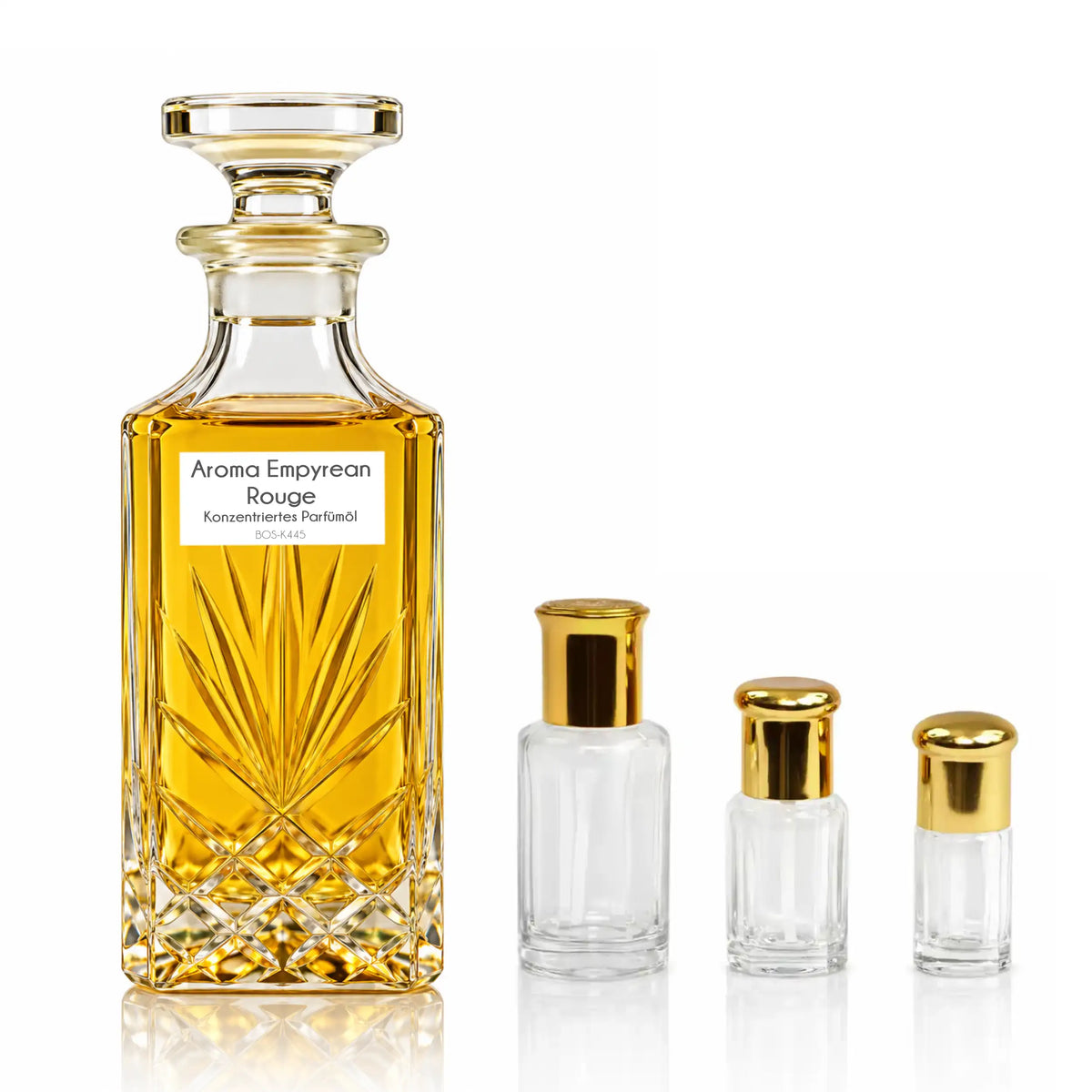 Aroma Empyrean Rouge von Sultan Essancy – konzentriertes Herren-Parfümöl im goldgelben Kristallglasflakon mit drei kleineren Glasflakons