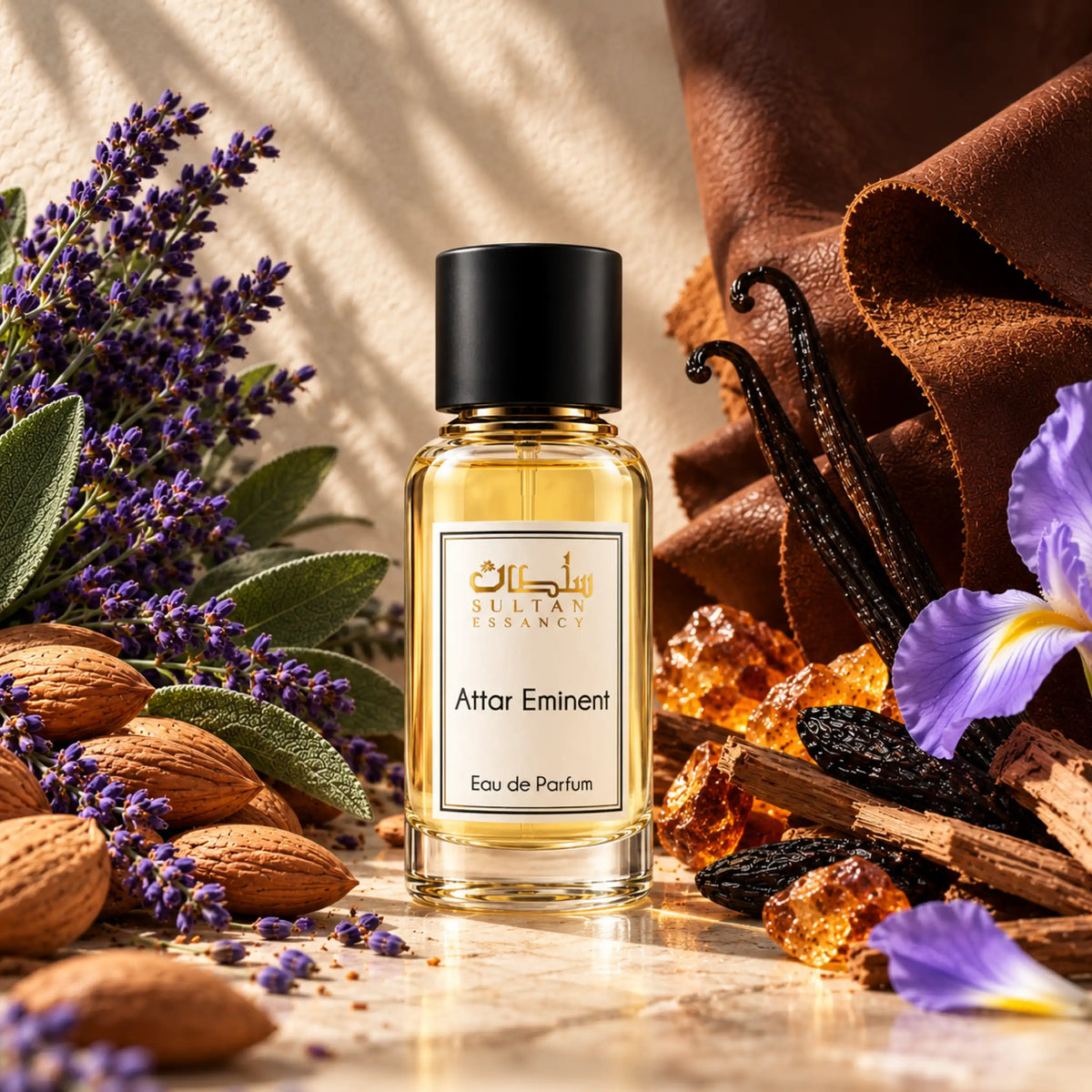 Attar Eminent Eau de Parfum von Sultan Essancy im goldgelben Glasflakon, umgeben von Lavendel, Mandeln, Salbei, Irisblüten, Leder und Vanilleschoten.