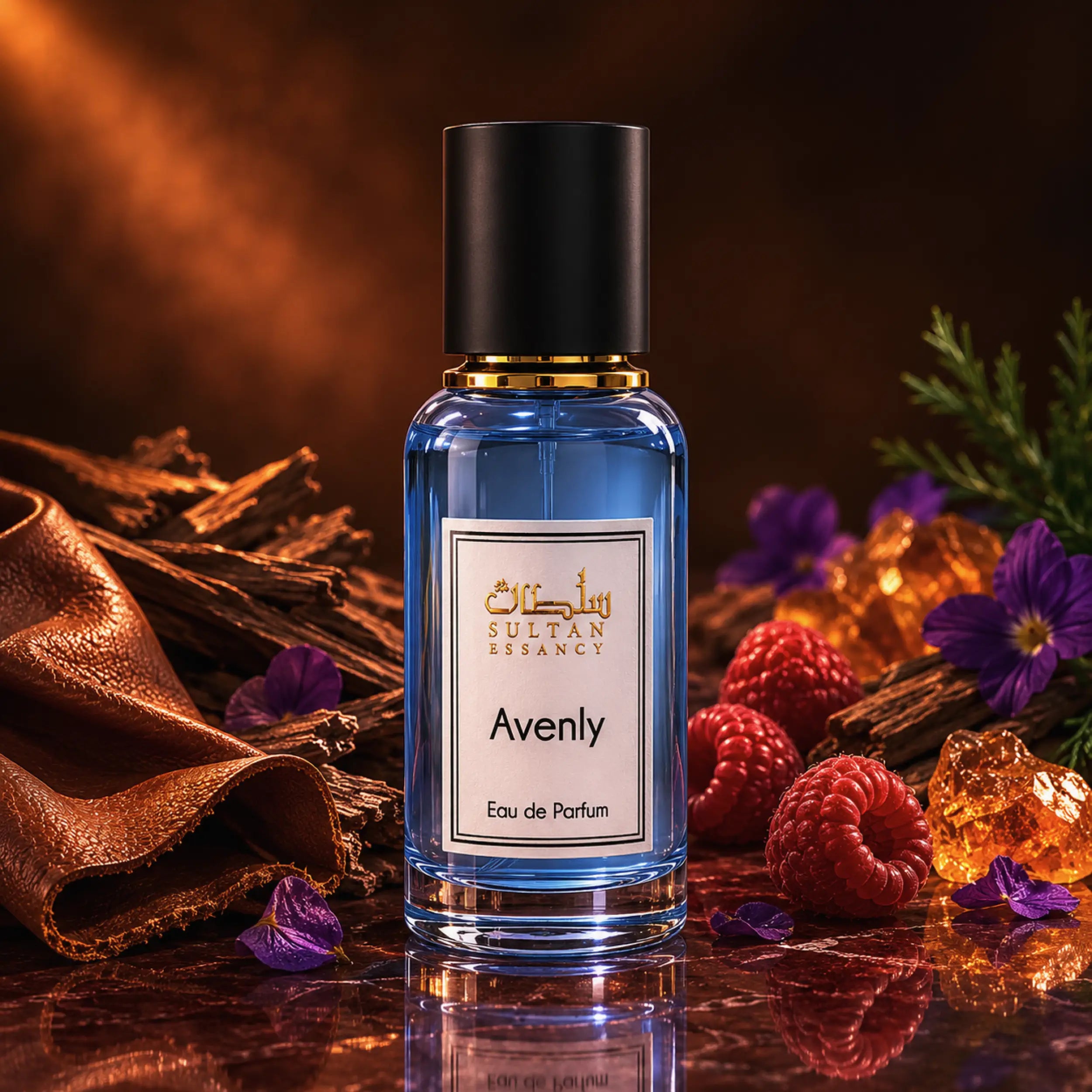 Avenly Eau de Parfum von Sultan Essancy in Duftszene mit Leder, Himbeeren, Oudholz, Amber und Veilchen – samtweich und elegant