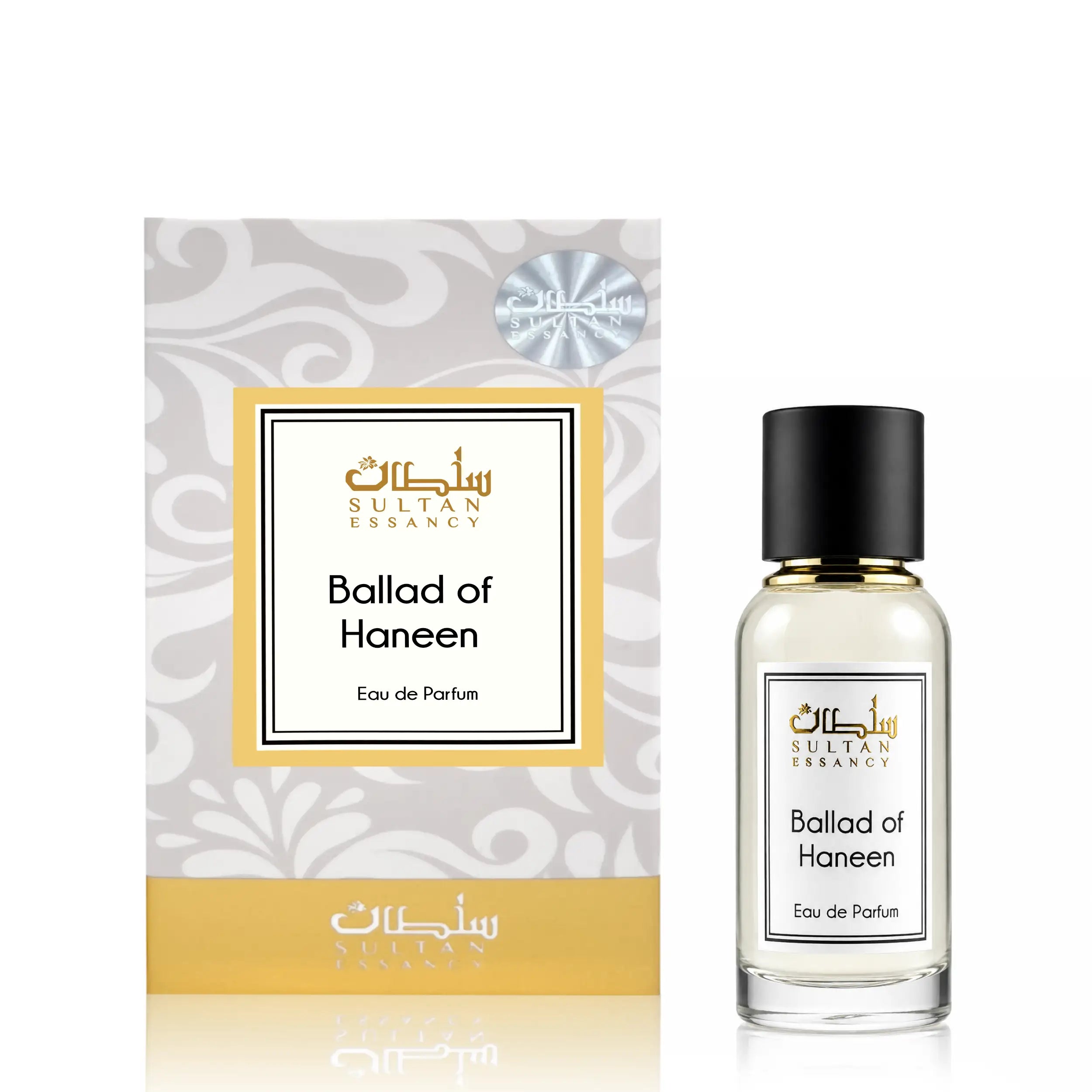 Ballad Al Haneen Eau de Parfum von Sultan Essancy mit transparentem Flakon und weiß-goldener Verpackung auf weißem Hintergrund