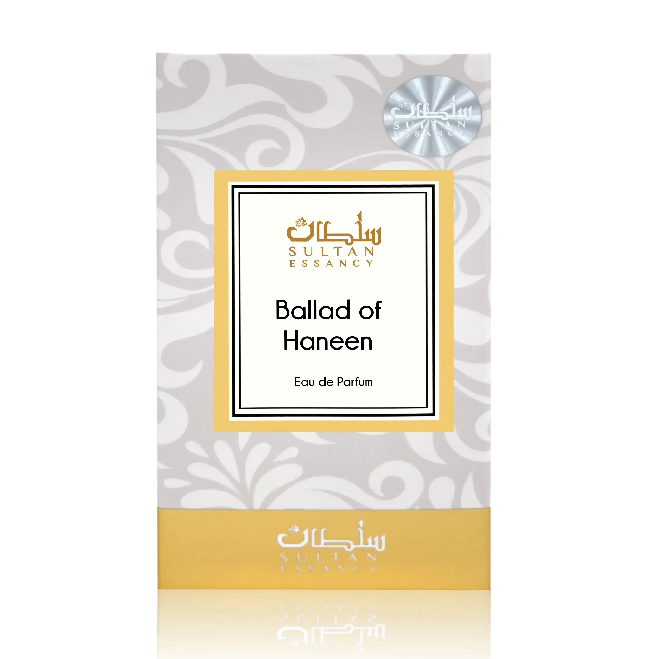 Verpackung von Ballad Al Haneen Eau de Parfum von Sultan Essancy in Weiß und Gold mit ornamentalem Muster auf weißem Hintergrund