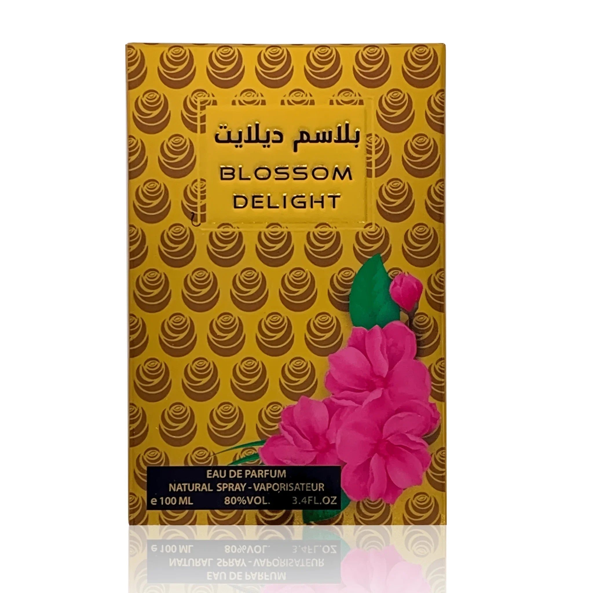 Golden Blossom Delight Eau de Parfum box with pink flowers