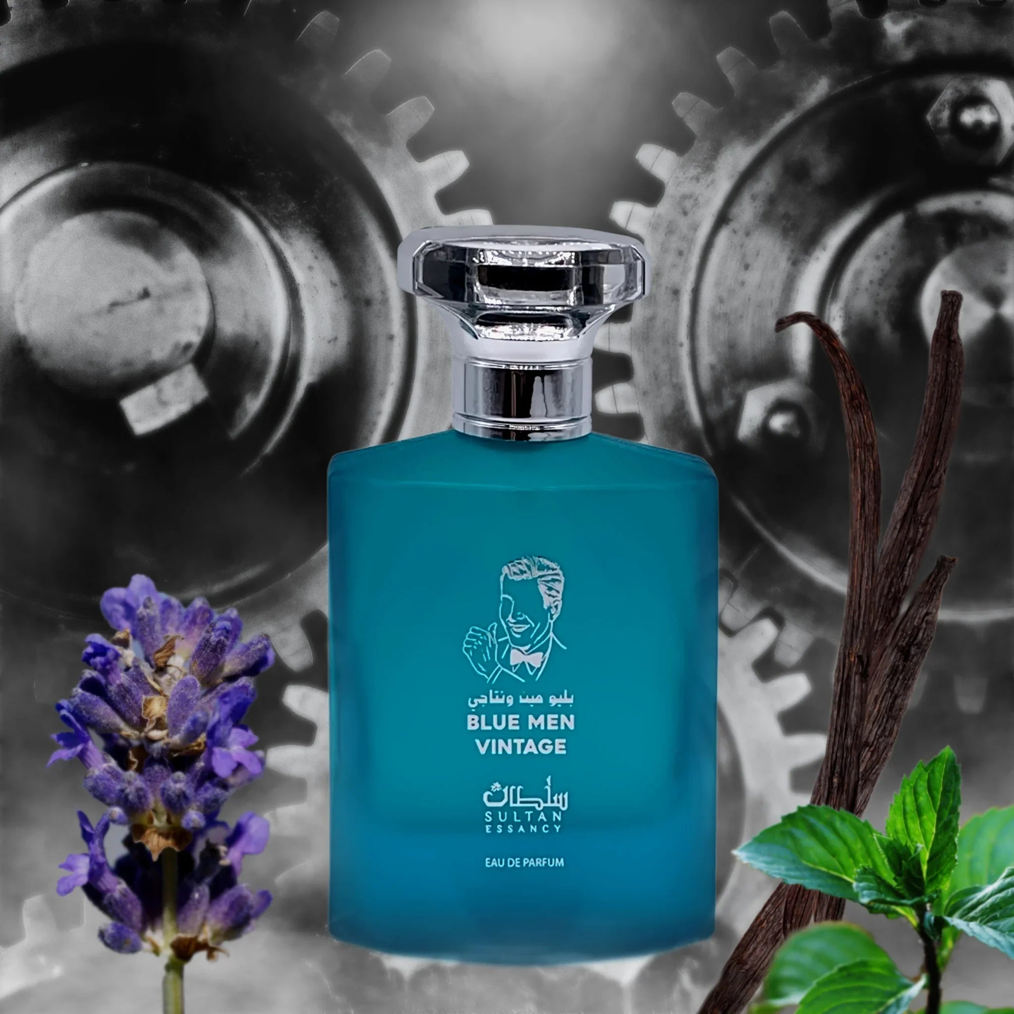 Blue Men Vintage bottle with lavender vanilla mint and gears