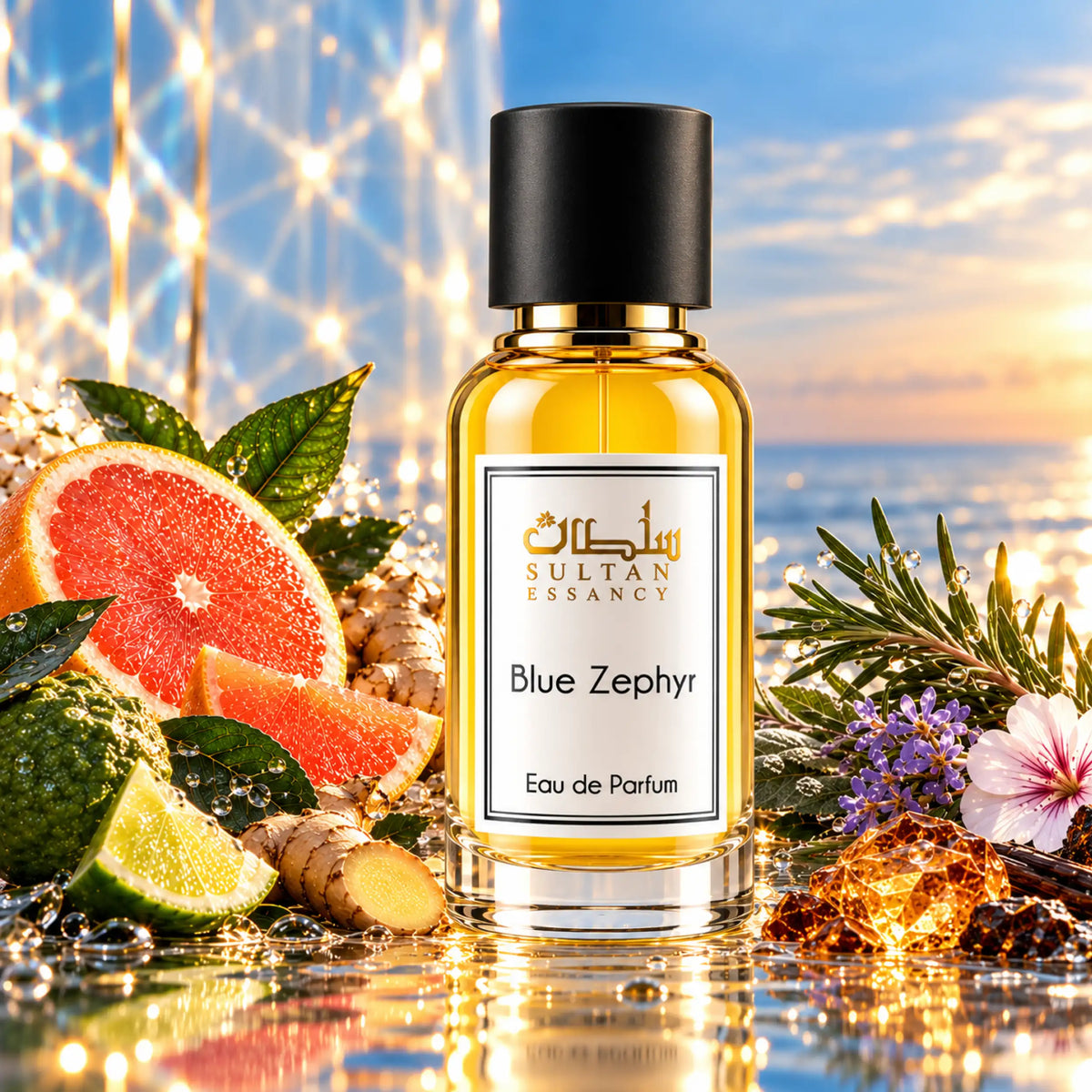 Blue Zephyr Eau de Parfum für Herren von Sultan Essancy – goldgelber Parfümflakon mit schwarzem Deckel, umgeben von Grapefruit, Ingwer und Rosmarin vor blau-goldenem Hintergrund mit eleganten Lichtreflexen.