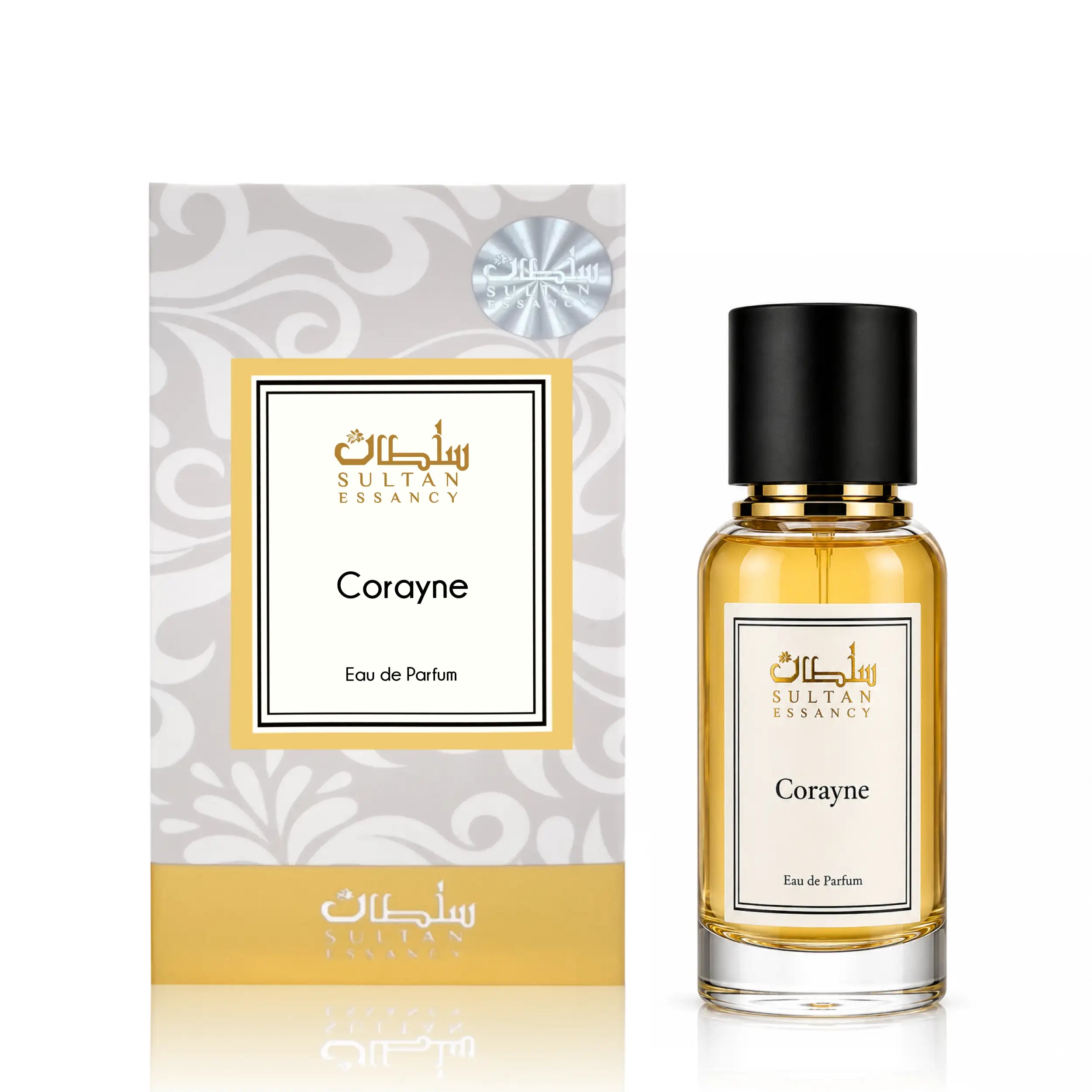 Corayne Eau de Parfum von Sultan Essancy als unisex Duftzwilling mit Kirsche, Cognac, Tabak, Vanille und Tonka, gezeigt mit Flakon und Verpackung