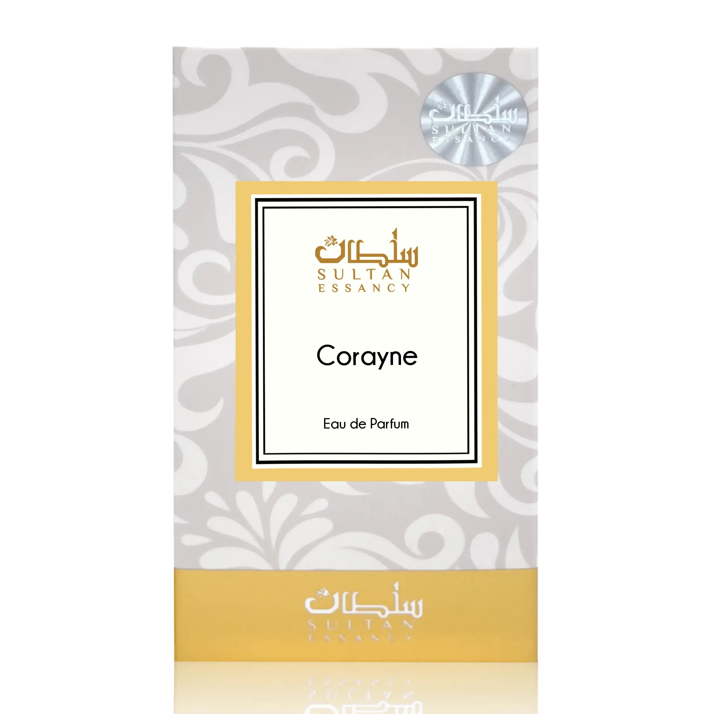 Corayne Eau de Parfum Verpackung von Sultan Essancy, unisex Duftzwilling mit Kirsche, rosa Pfeffer, Cognac, Tabak, Vanille, Tonka und Zeder