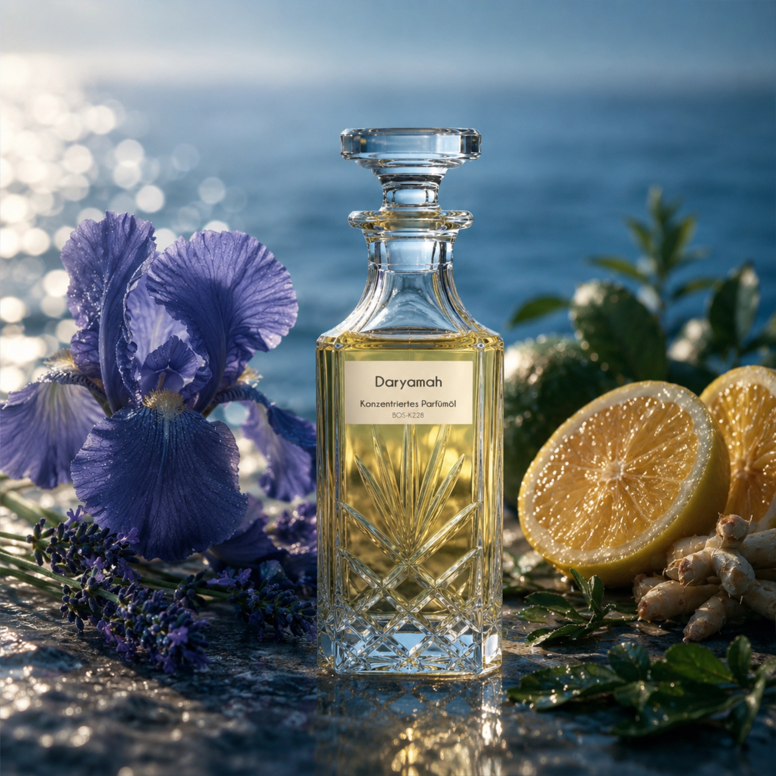 Daryamah Herren-Parfümöl von Sultan Essancy mit Iris, Lavendel und Zitrusfrüchten in einer eleganten Duftszene am Wasser.