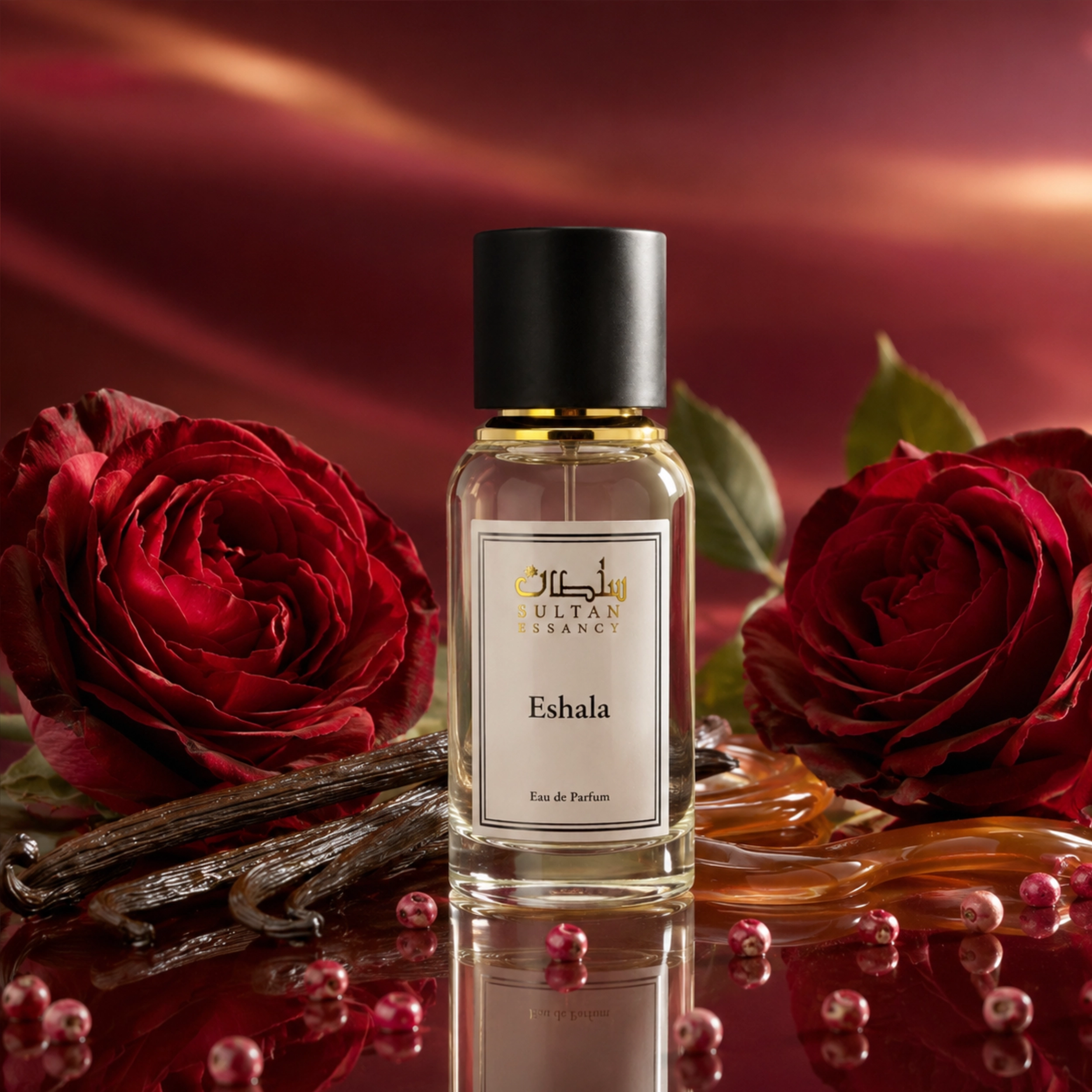 Eshala von Sultan Essancy Eau de Parfum, süß-floraler Unisex-Duftzwilling mit türkischer Rose, Karamell, Vanille, Tonkabohne und rosa Pfeffer in dunkelroter Duftkulisse