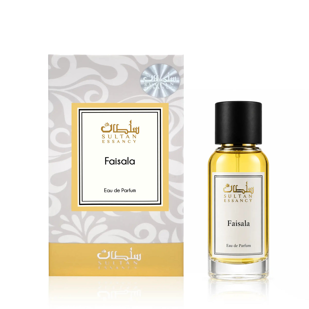 Faisala Sultan Essancy Eau de Parfum mit goldfarbenem Flakon und passender Verpackung