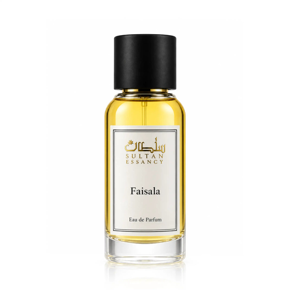 Faisala Sultan Essancy Eau de Parfum im goldfarbenen Glasflakon mit schwarzem Deckel