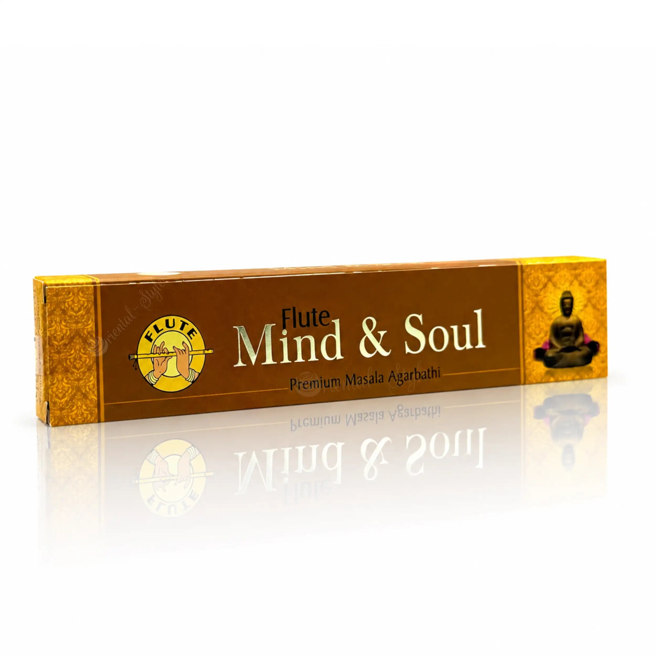 Flute Mind & Soul Räucherstäbchen aus Indien in braun-goldener Verpackung mit Premium Masala Agarbathi