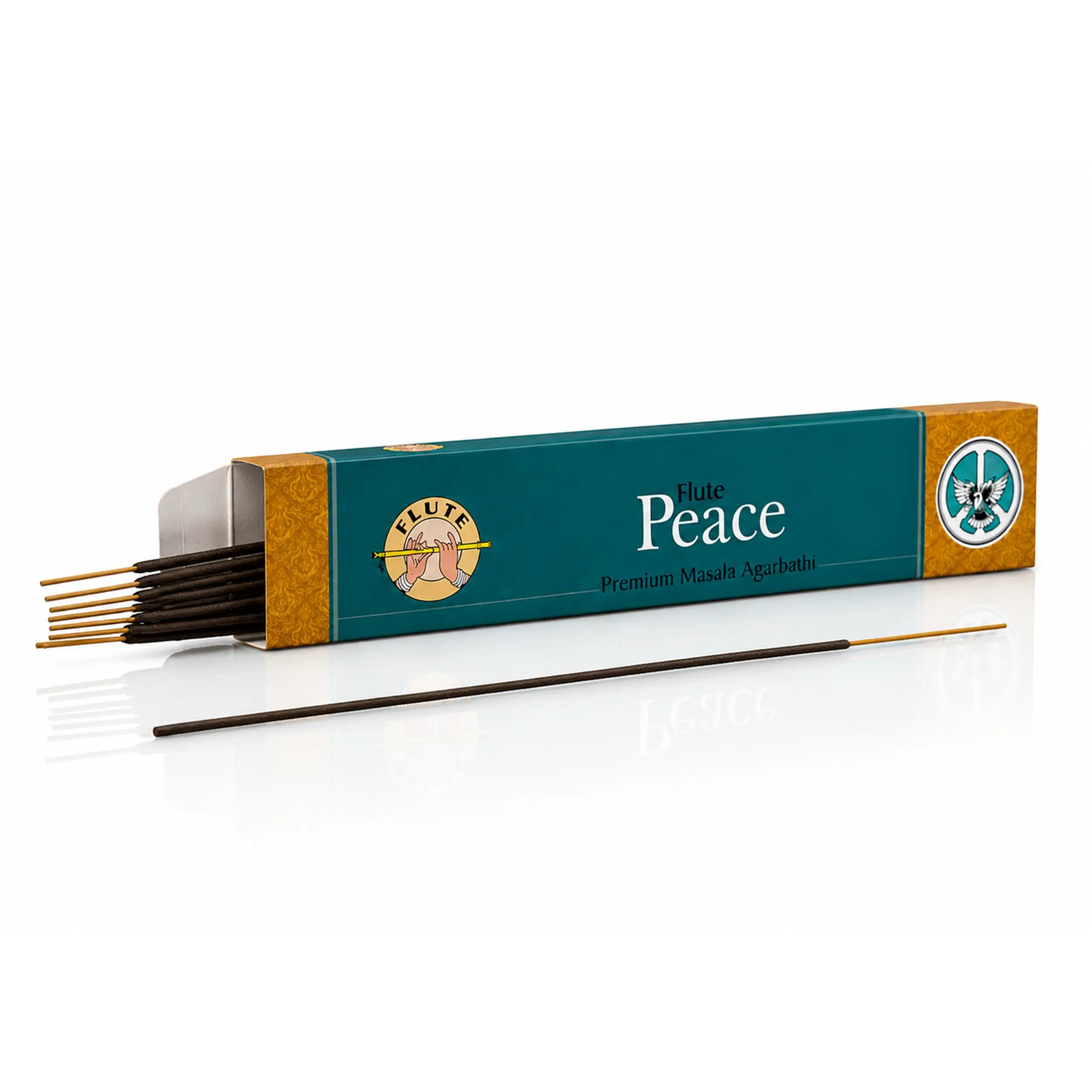 Geöffnete Flute Peace Masala Räucherstäbchen-Packung mit sichtbaren Agarbatti, süß-fruchtiger indischer Raumduft in der 15-g-Packung