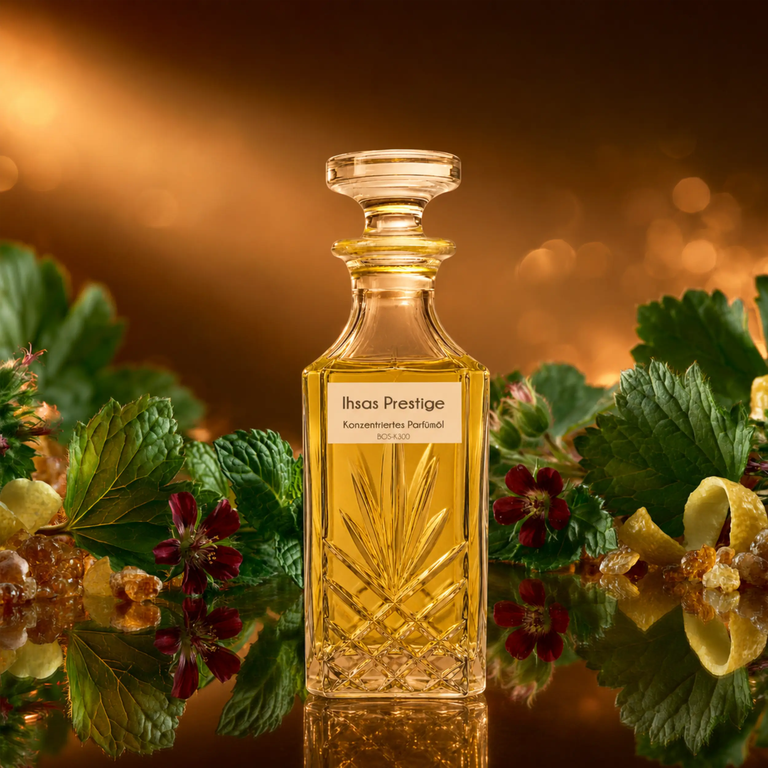 Ihsas Prestige Parfümöl von Sultan Essancy für Herren, aromatischer Duftzwilling mit Pomu Rose, Geranienblüte, Moschus und Amber, dargestellt in einem warmen luxuriösen Produktbild