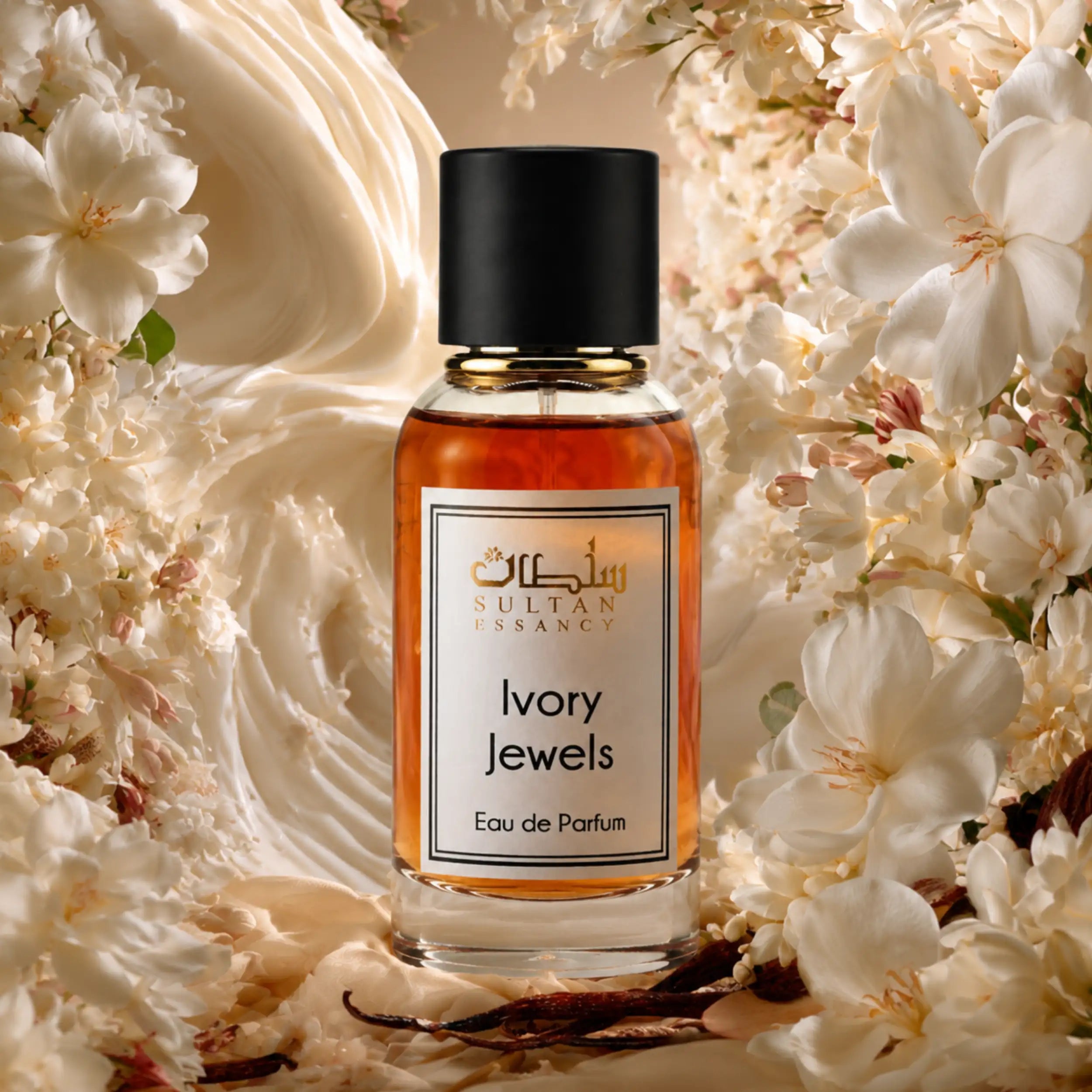 Ivory Jewels von Sultan Essancy, ein cremiger Unisex-Duft mit Vanille, Moschus, weißen Blüten und luxuriöser floraler Duftinszenierung