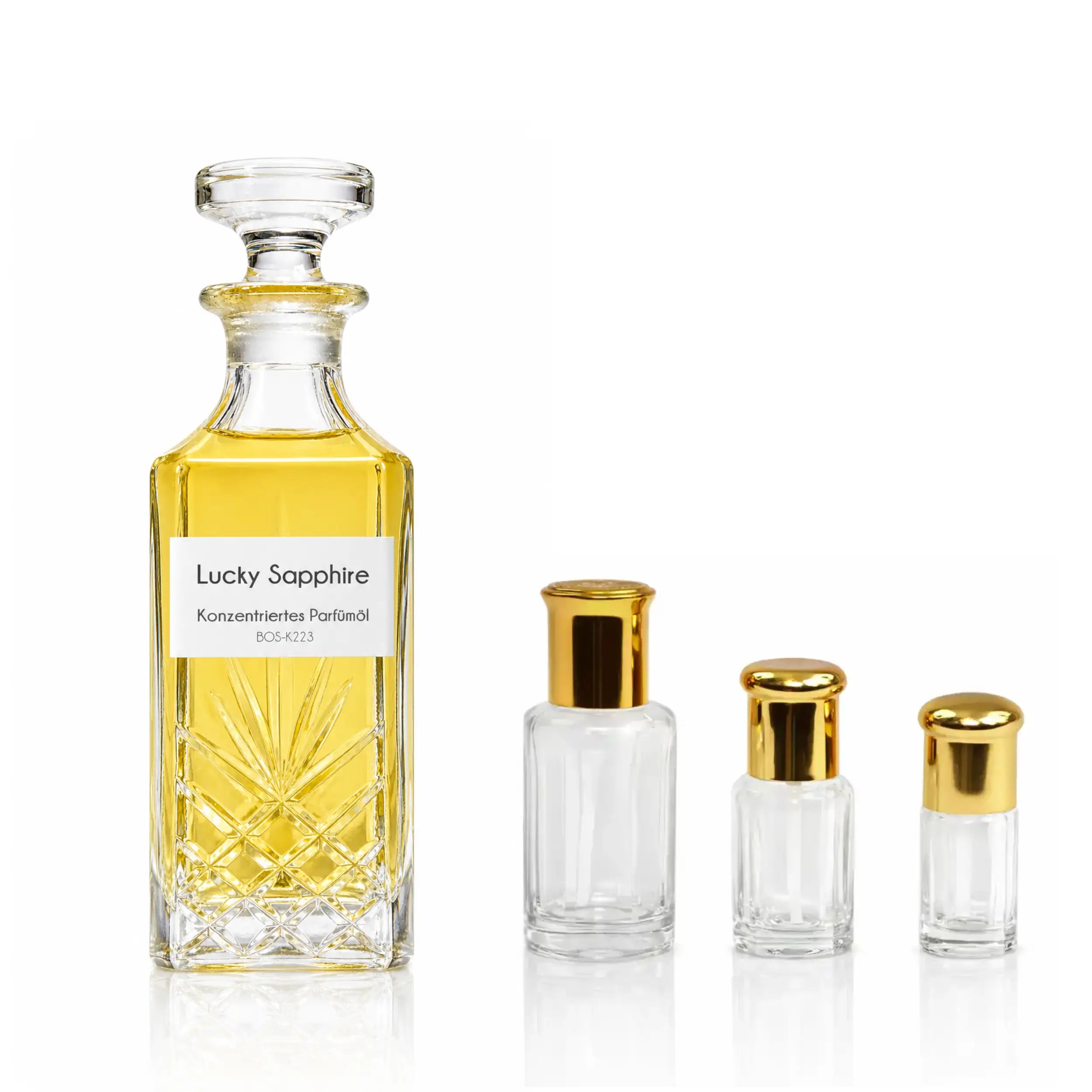 Sultan Essancy Lucky Sapphire Parfümöl im Kristallflakon mit leeren Roll-on-Flaschen, fruchtig-zitrischer Unisexduft – Oriental-Style