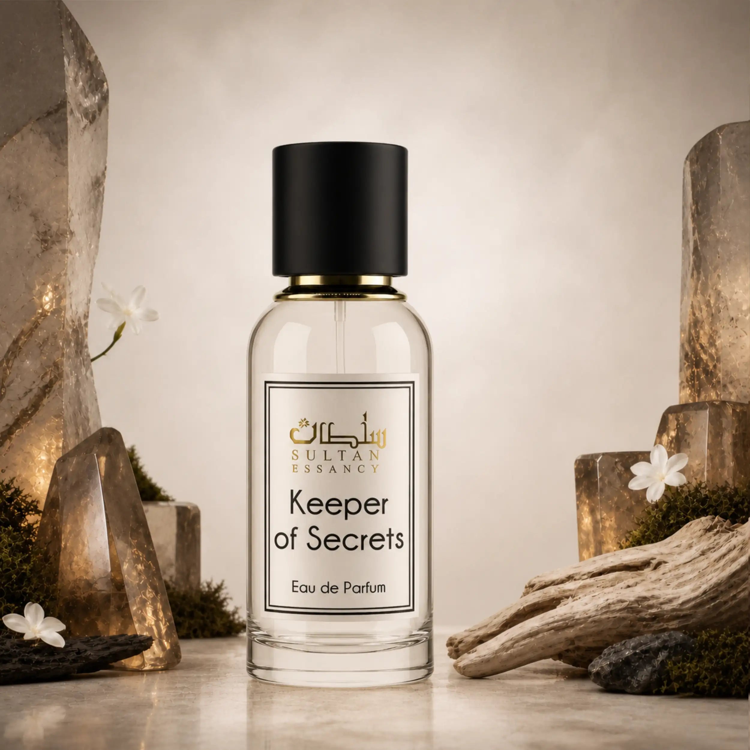 Keeper of Secrets Eau de Parfum von Sultan Essancy vor warmen Amberkristallen, hellem Holz und weißen Blüten.