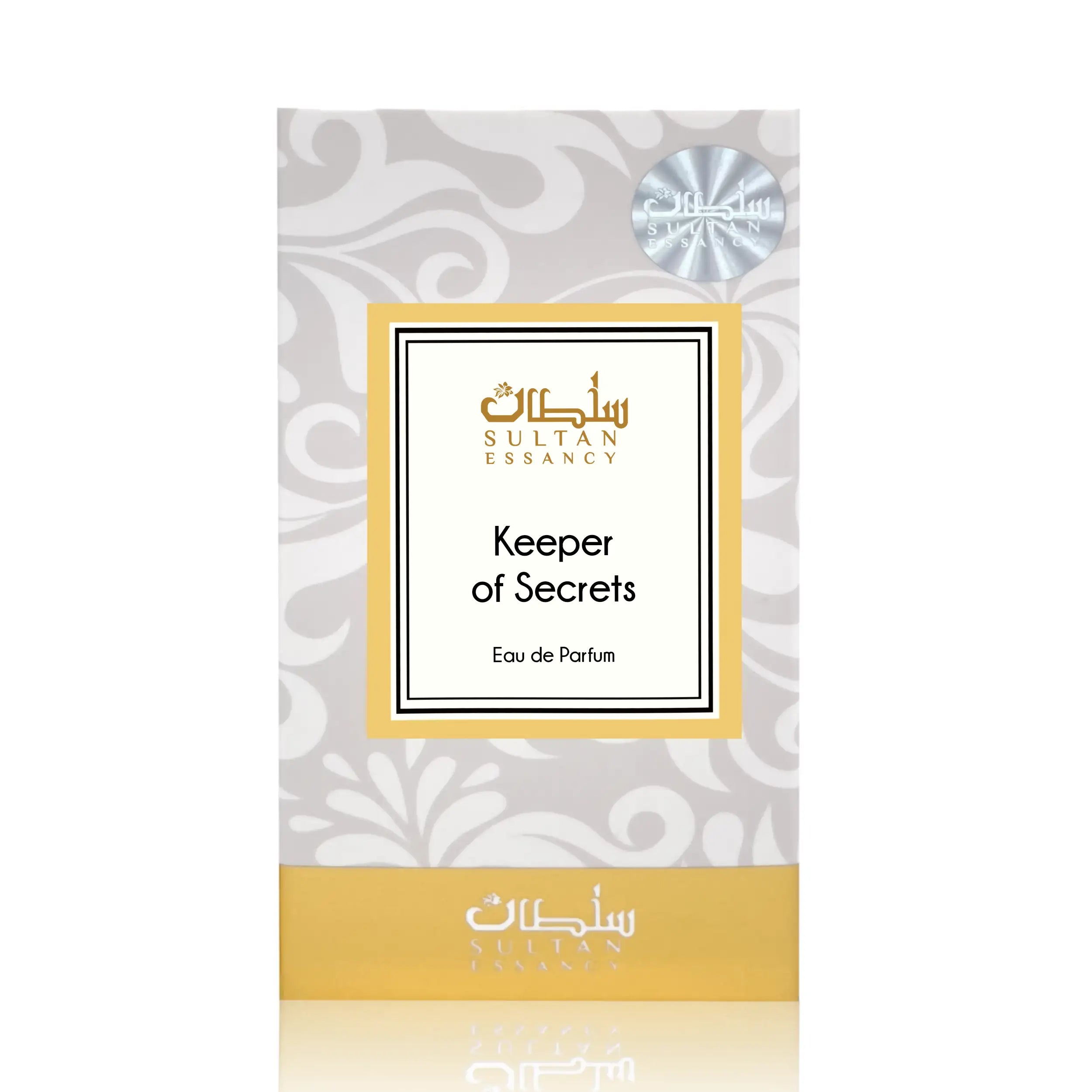 Verpackung von Keeper of Secrets von Sultan Essancy, moderner pudriger Unisex-Duft mit sauberem Moschus, Ambrette, Birne und transparenten Holznoten