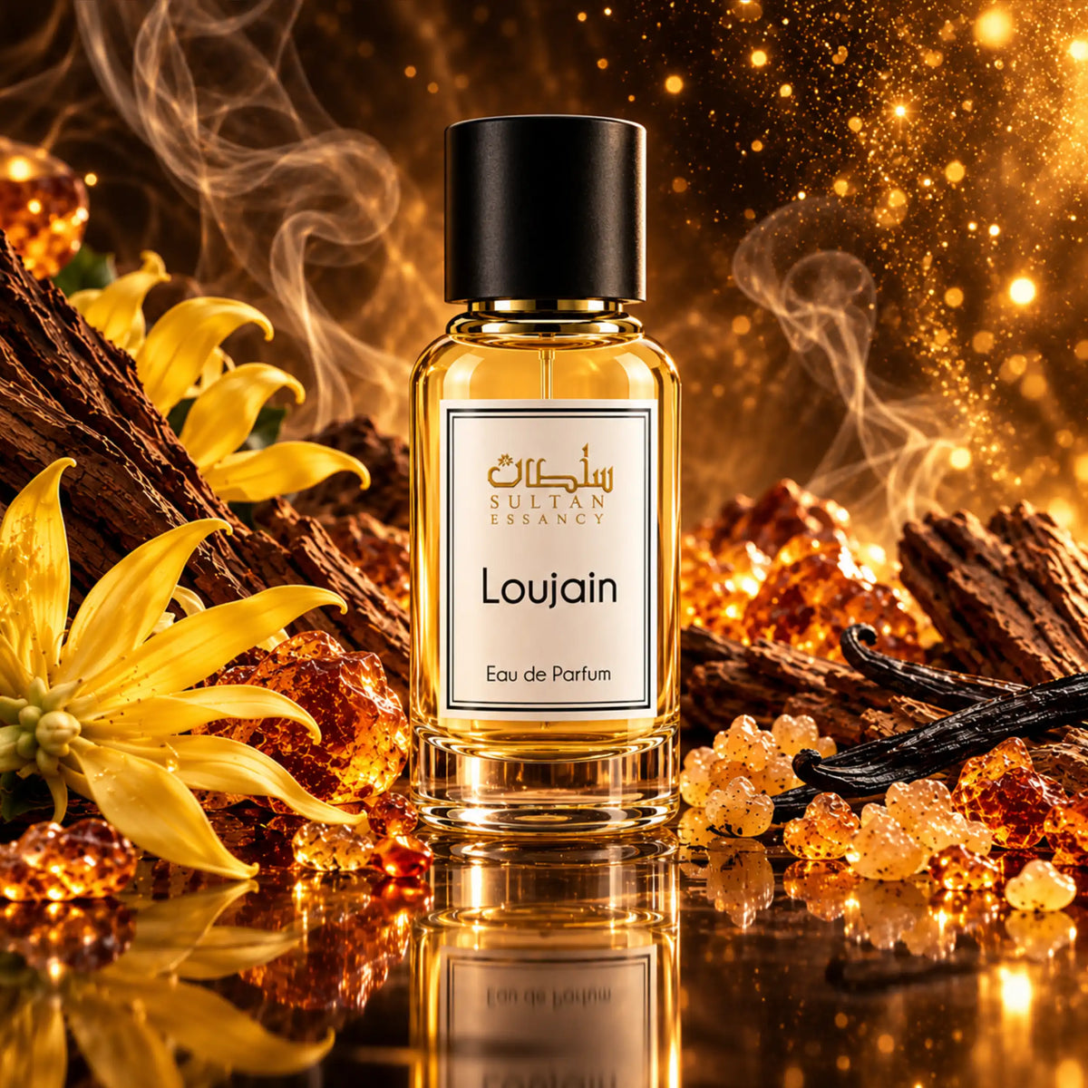 Loujain Sultan Essancy Unisex Eau de Parfum in einer warmen Amber-Duftszene mit Myrrhe, Harzen, Vanille, Ylang-Ylang und edlen Hölzern