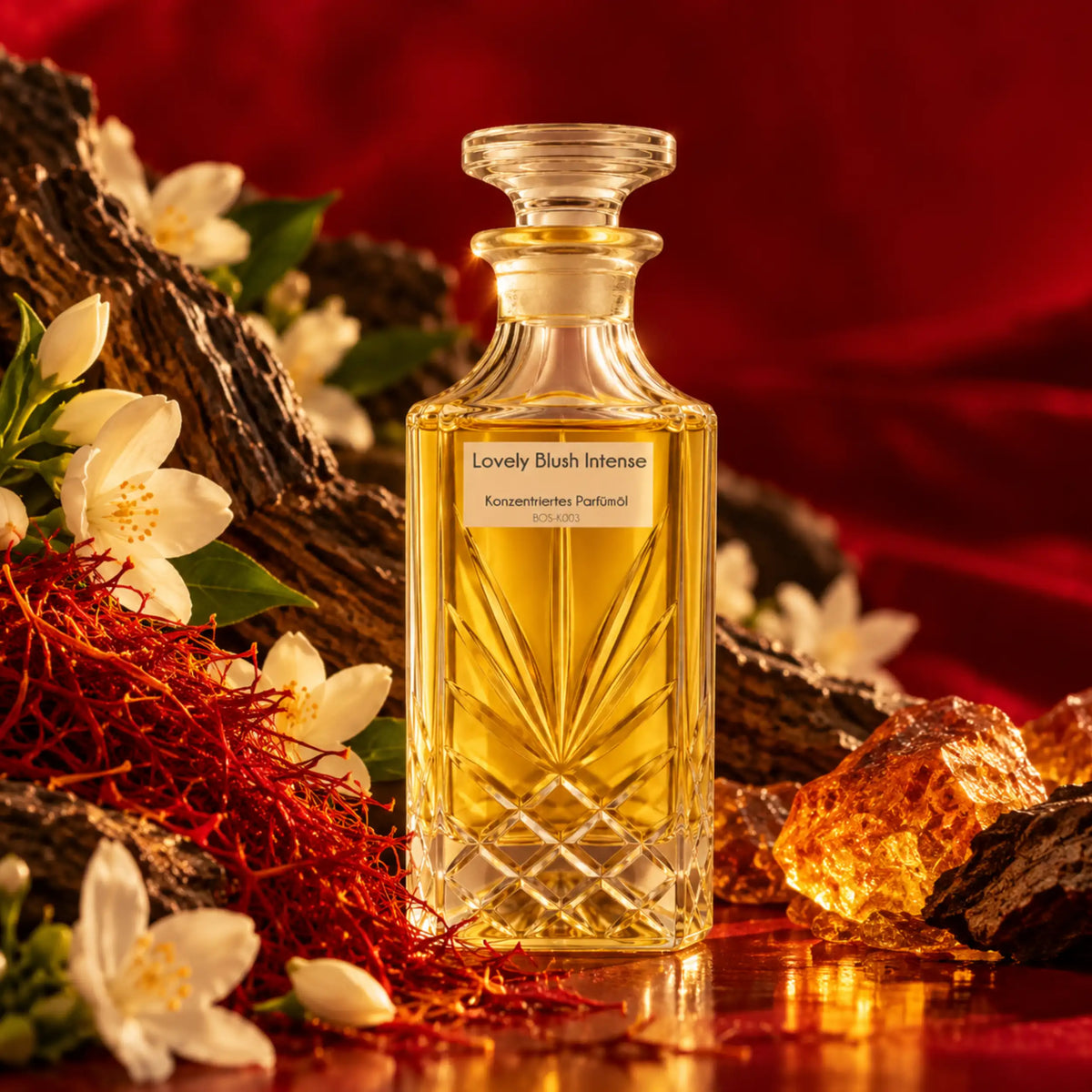 Lovely Blush Intense Unisex-Parfümöl von Sultan Essancy in einer Duftszene mit Safran, Jasmin, Amberharz und warmen Holznoten