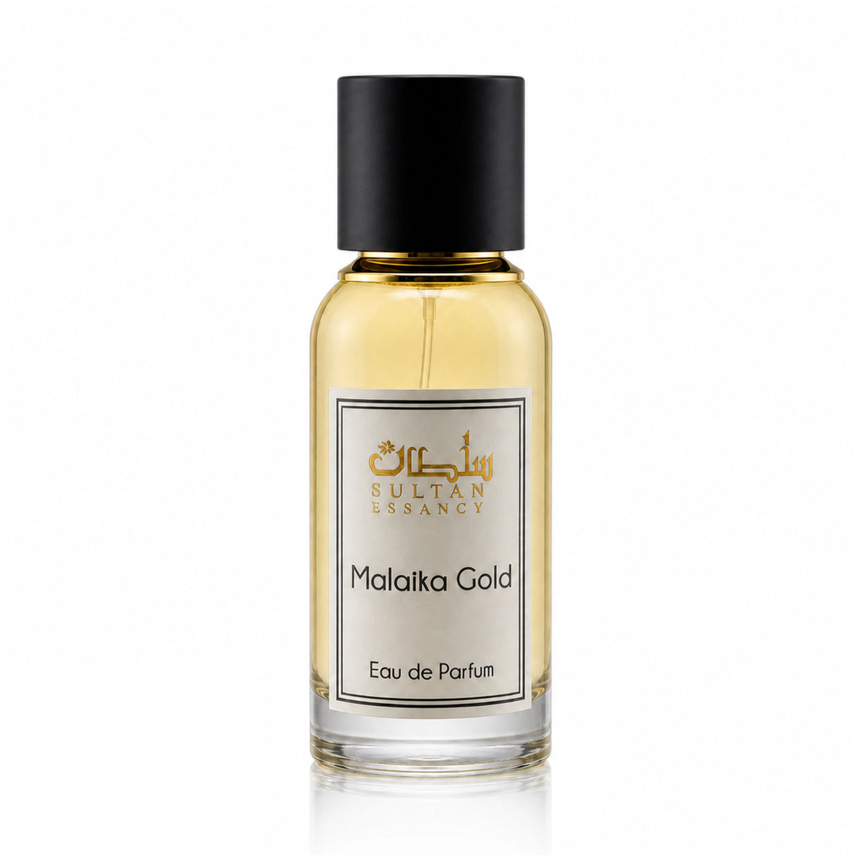 Malaika Gold Sultan Essancy Eau de Parfum Flakon auf weißem Hintergrund