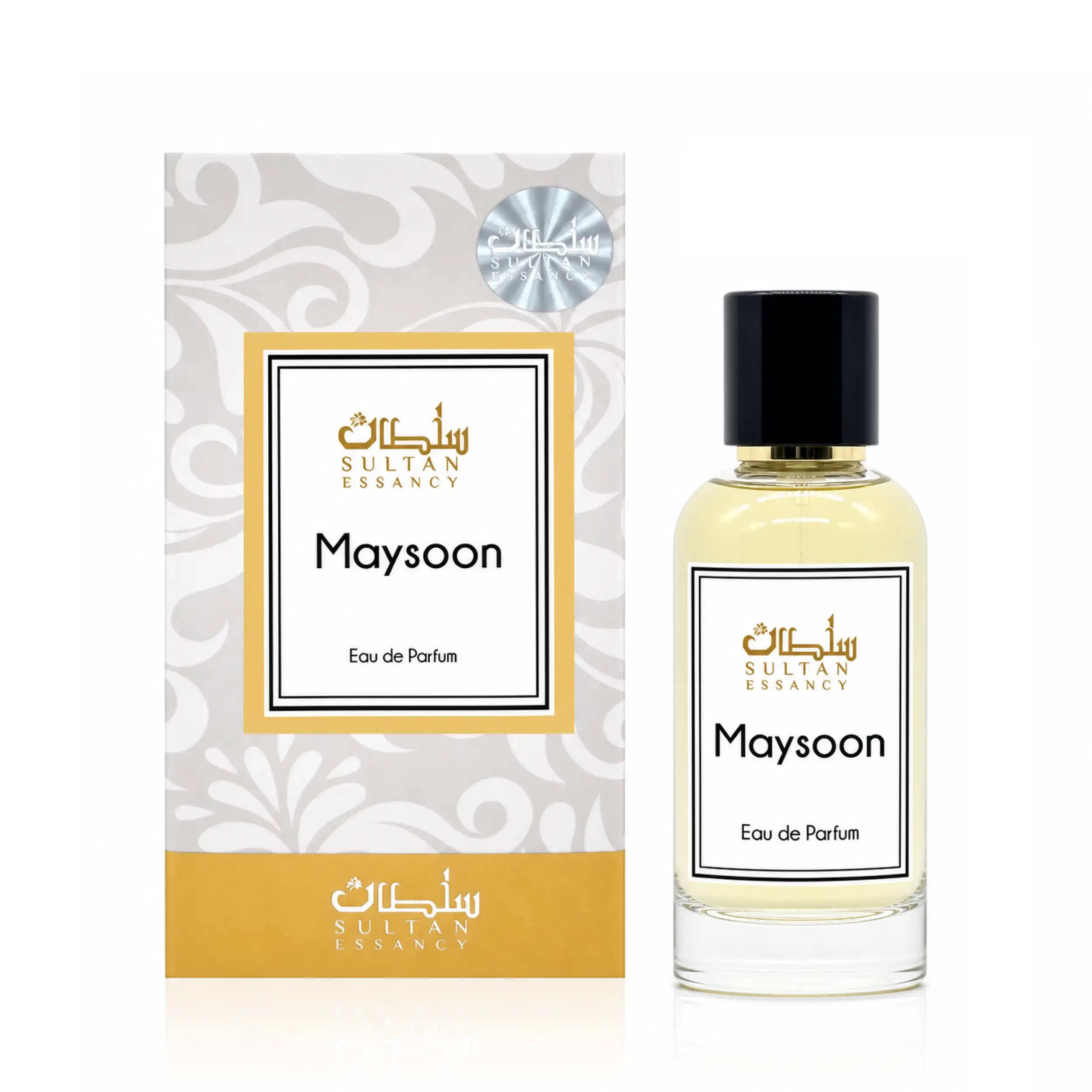 Maysoon Eau de Parfum Dupe von Sultan Essancy mit Glasflakon und weiß-goldener Verpackung
