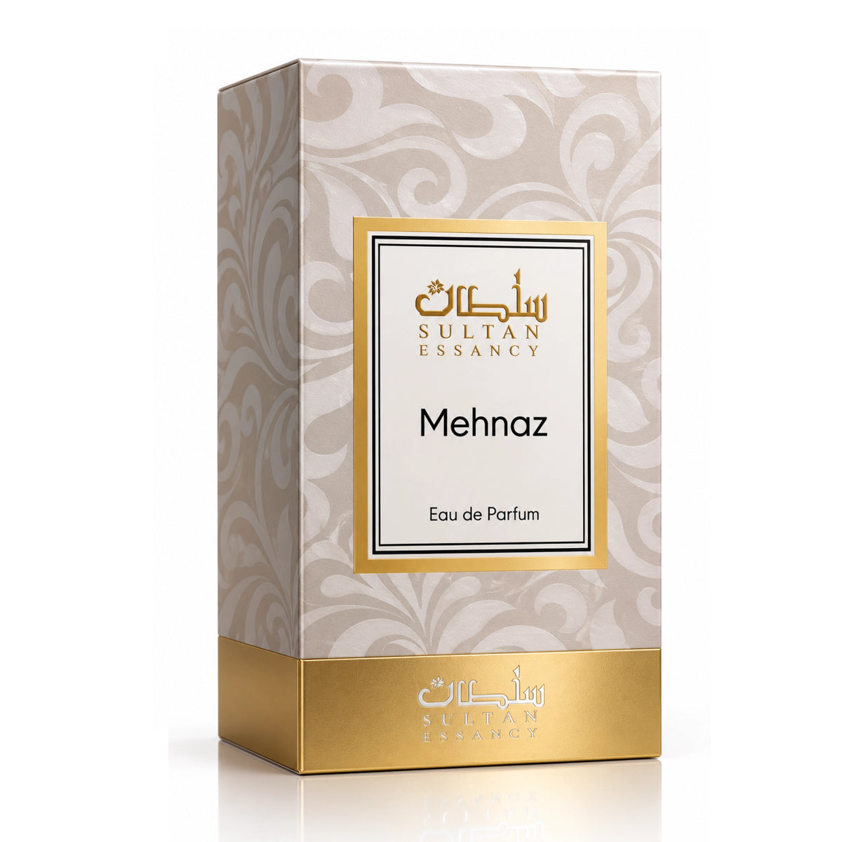 Verpackung von Mehnaz von Sultan Essancy – Unisex Eau de Parfum in cremefarbener Box mit goldenen Details