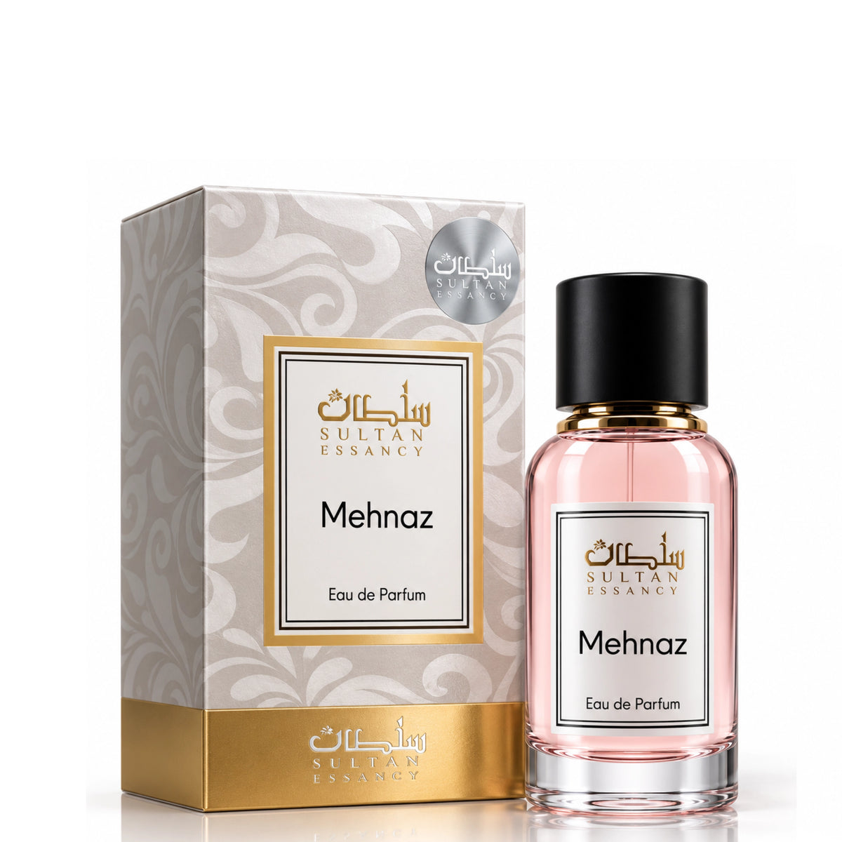 Mehnaz von Sultan Essancy – Unisex Eau de Parfum im hellrosa Glasflakon mit passender creme-goldener Geschenkbox