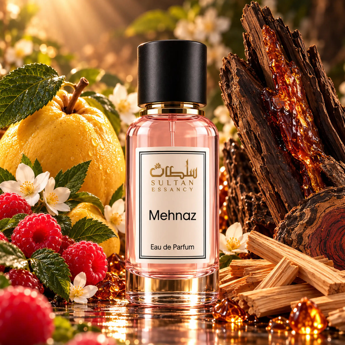Mehnaz von Sultan Essancy – Unisex Eau de Parfum mit hellrosa Flakon, Himbeeren, Quitte, Oudholz und Sandelholz in warmer Duftszene