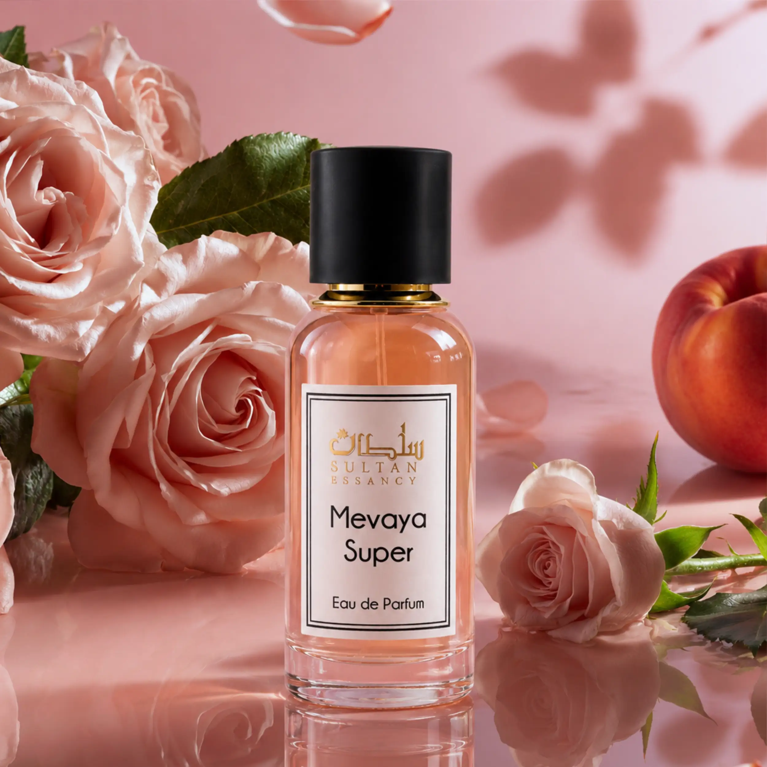 Mevaya Super von Sultan Essancy, Narciso Rodriguez For Her Eau de Parfum Dupe und Duftzwilling mit Rose, Pfirsich, Moschus und Amber in rosa Blütenkulisse