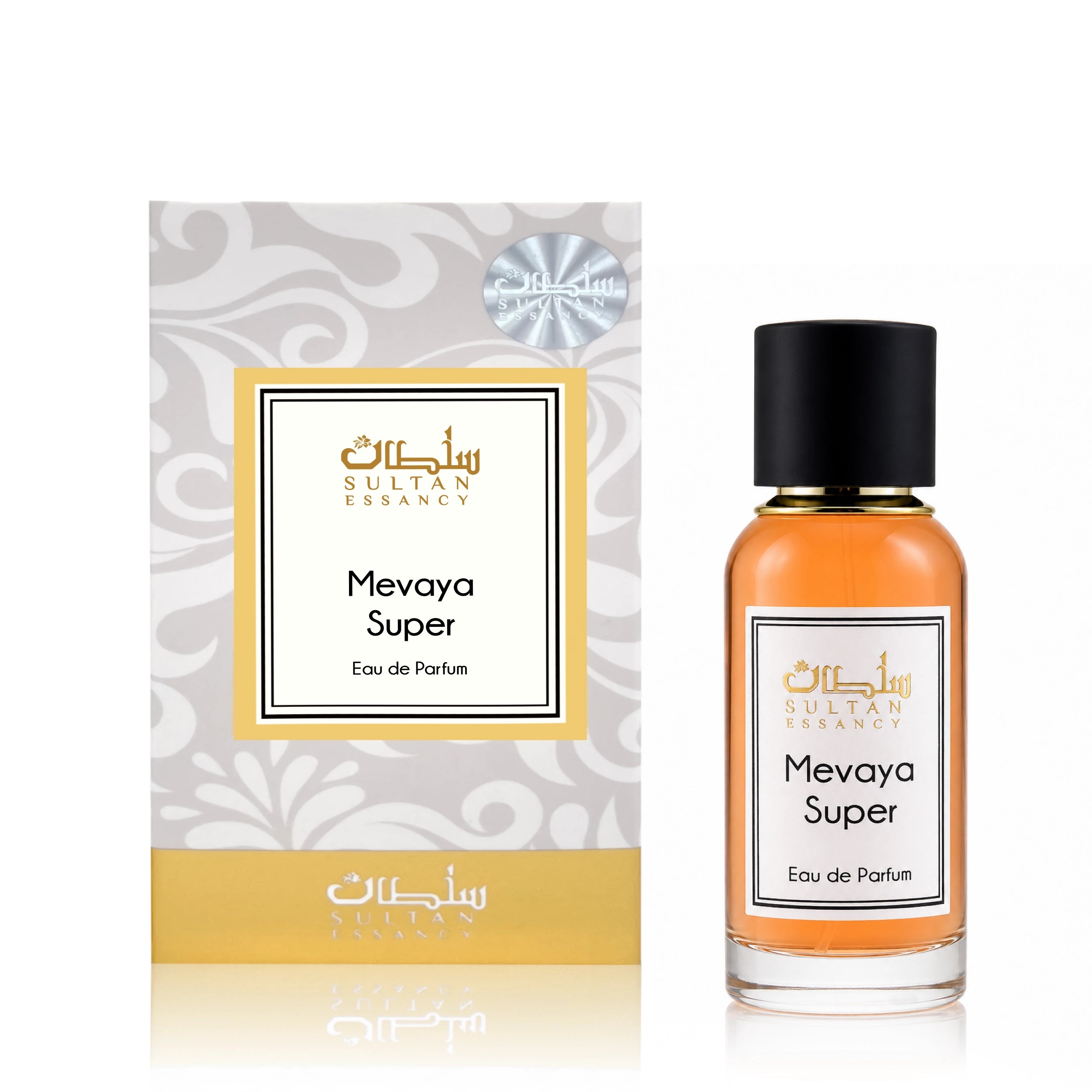 Mevaya Super von Sultan Essancy Eau de Parfum für Damen mit Rose, Pfirsich, Moschus und Amber, gezeigt mit Flakon und Verpackung